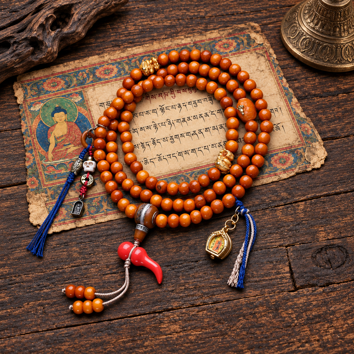 EverestArtstudios Kamelknochen-Mala, 108 Perlen, Thangka-Ghau