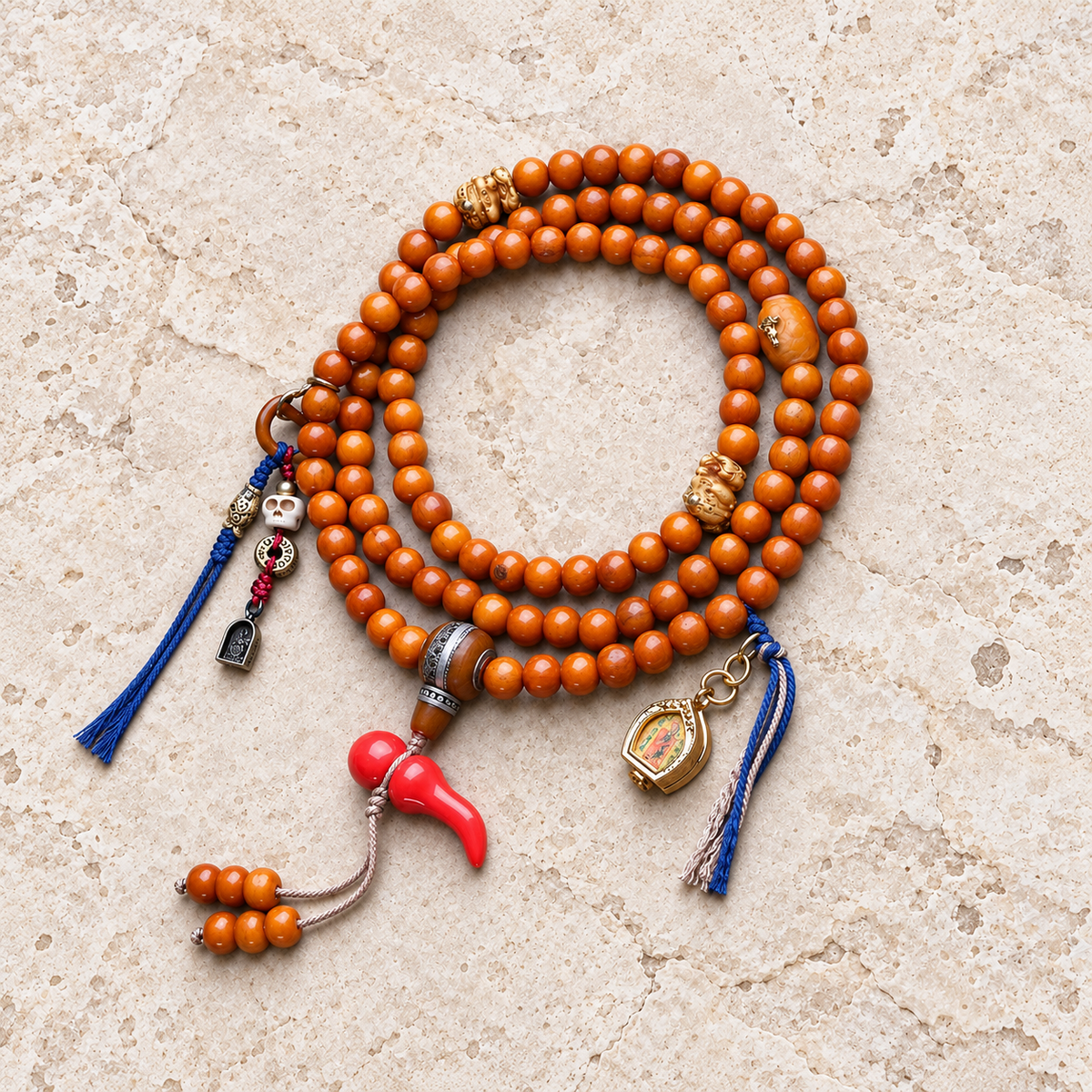 EverestArtstudios Kamelknochen-Mala, 108 Perlen, Thangka-Ghau