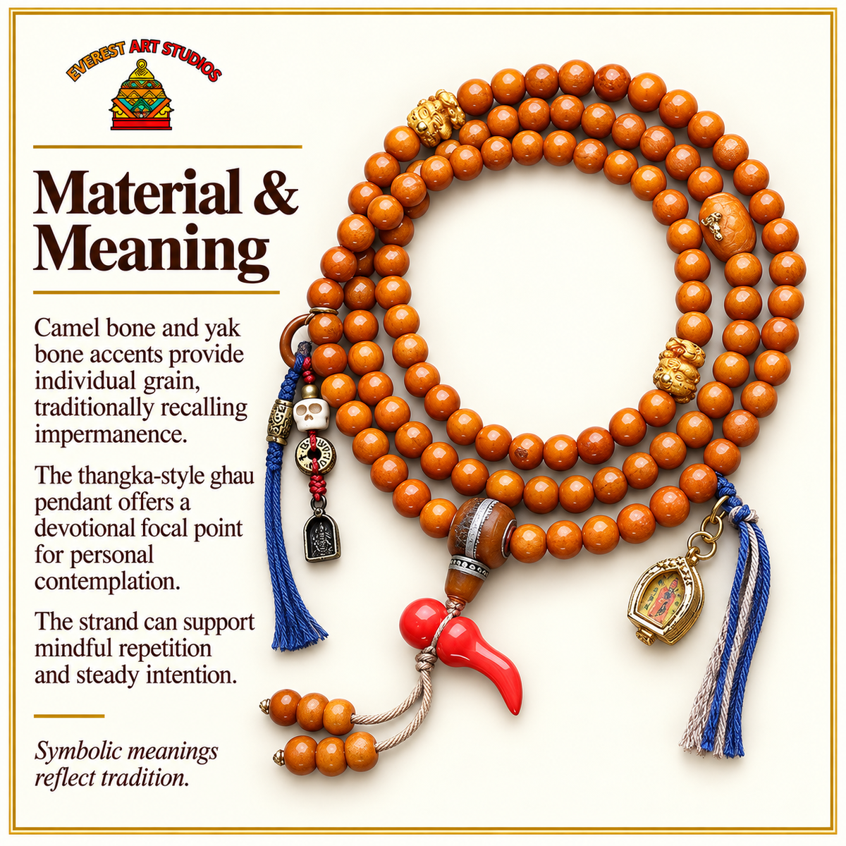 EverestArtstudios Kamelknochen-Mala, 108 Perlen, Thangka-Ghau – Material und traditionelle Symbolik
