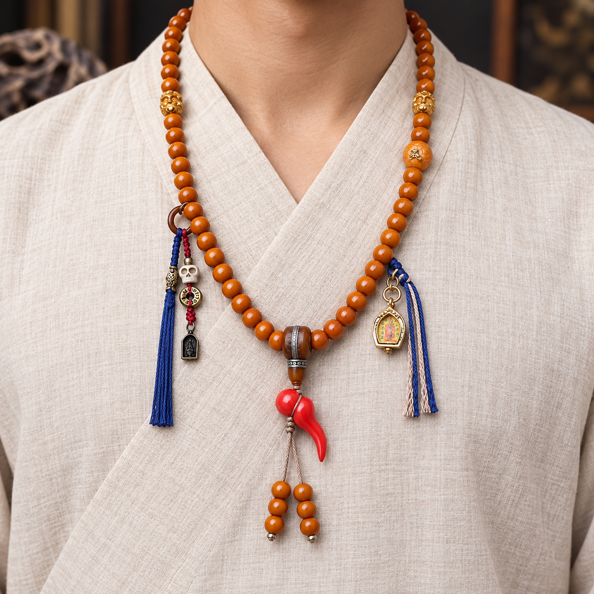 EverestArtstudios Kamelknochen-Mala, 108 Perlen, Thangka-Ghau