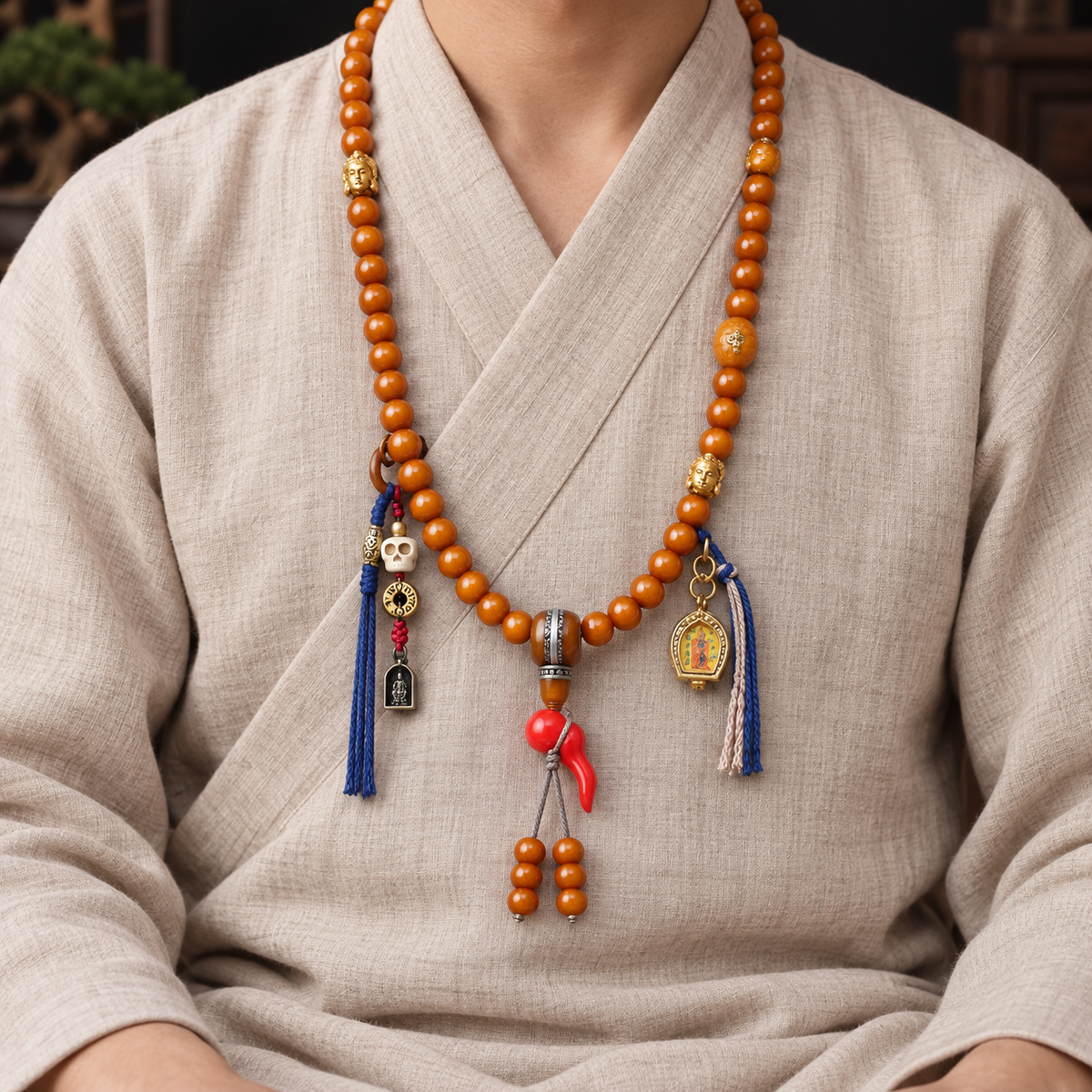 EverestArtstudios Kamelknochen-Mala, 108 Perlen, Thangka-Ghau