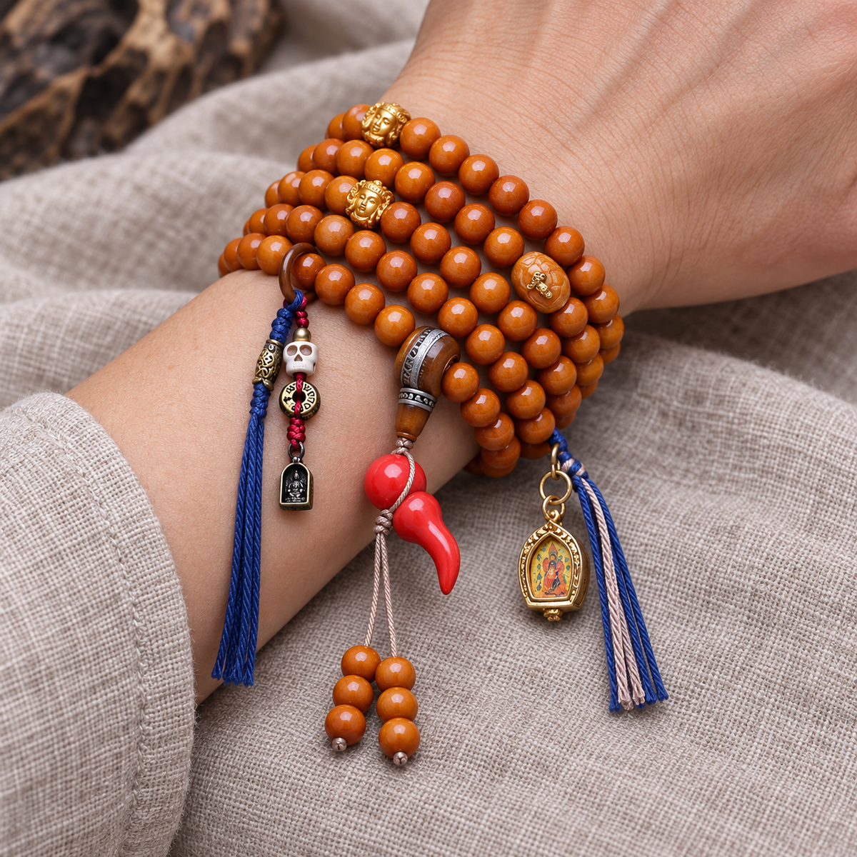EverestArtstudios Kamelknochen-Mala, 108 Perlen, Thangka-Ghau