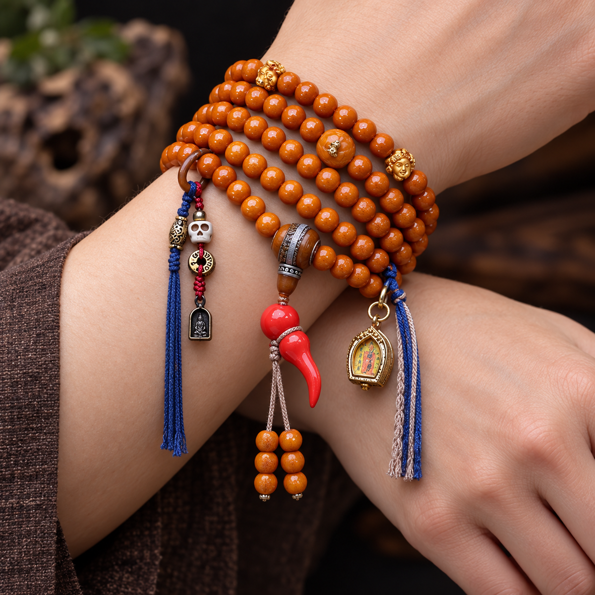 EverestArtstudios Kamelknochen-Mala, 108 Perlen, Thangka-Ghau