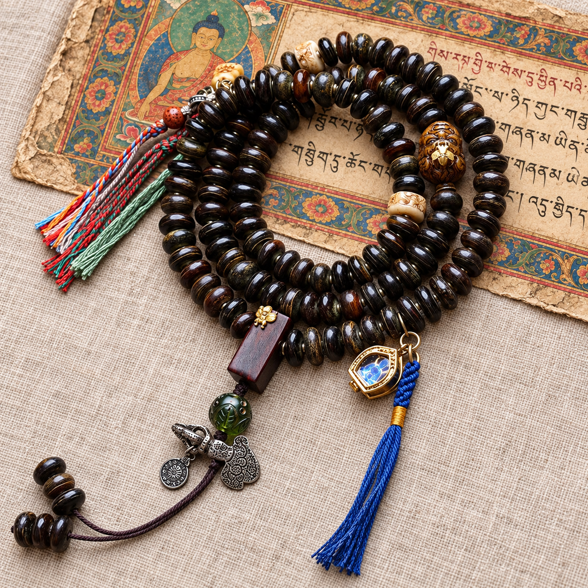EverestArtstudios Bamboo-Pattern Bone 108-Bead Mala with Sandalwood Accents — full product