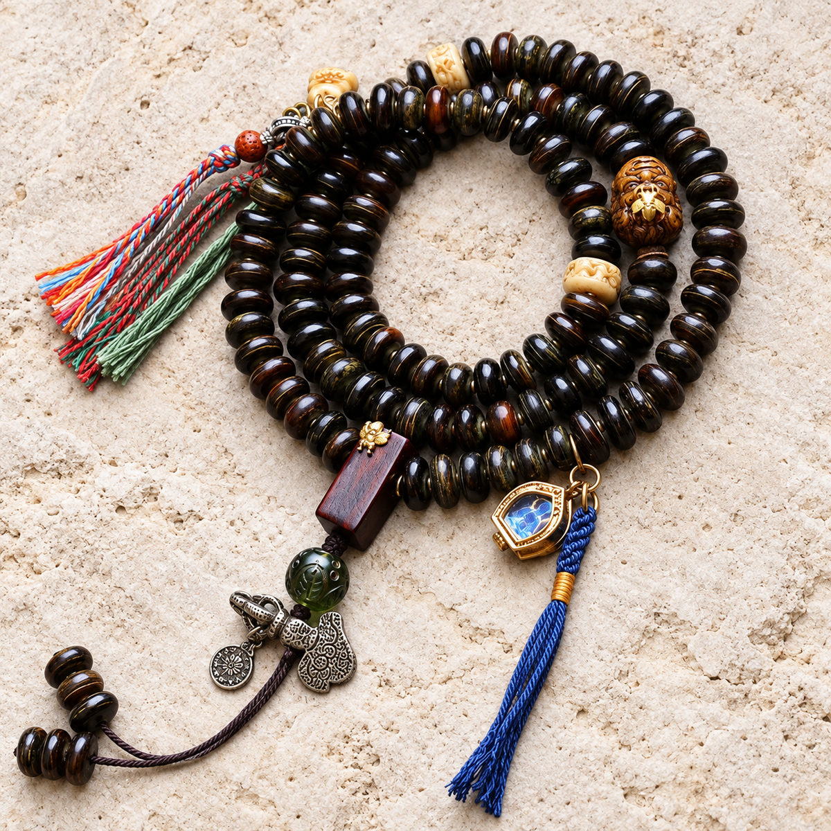 EverestArtstudios Bamboo-Pattern Bone 108-Bead Mala with Sandalwood Accents — overall display