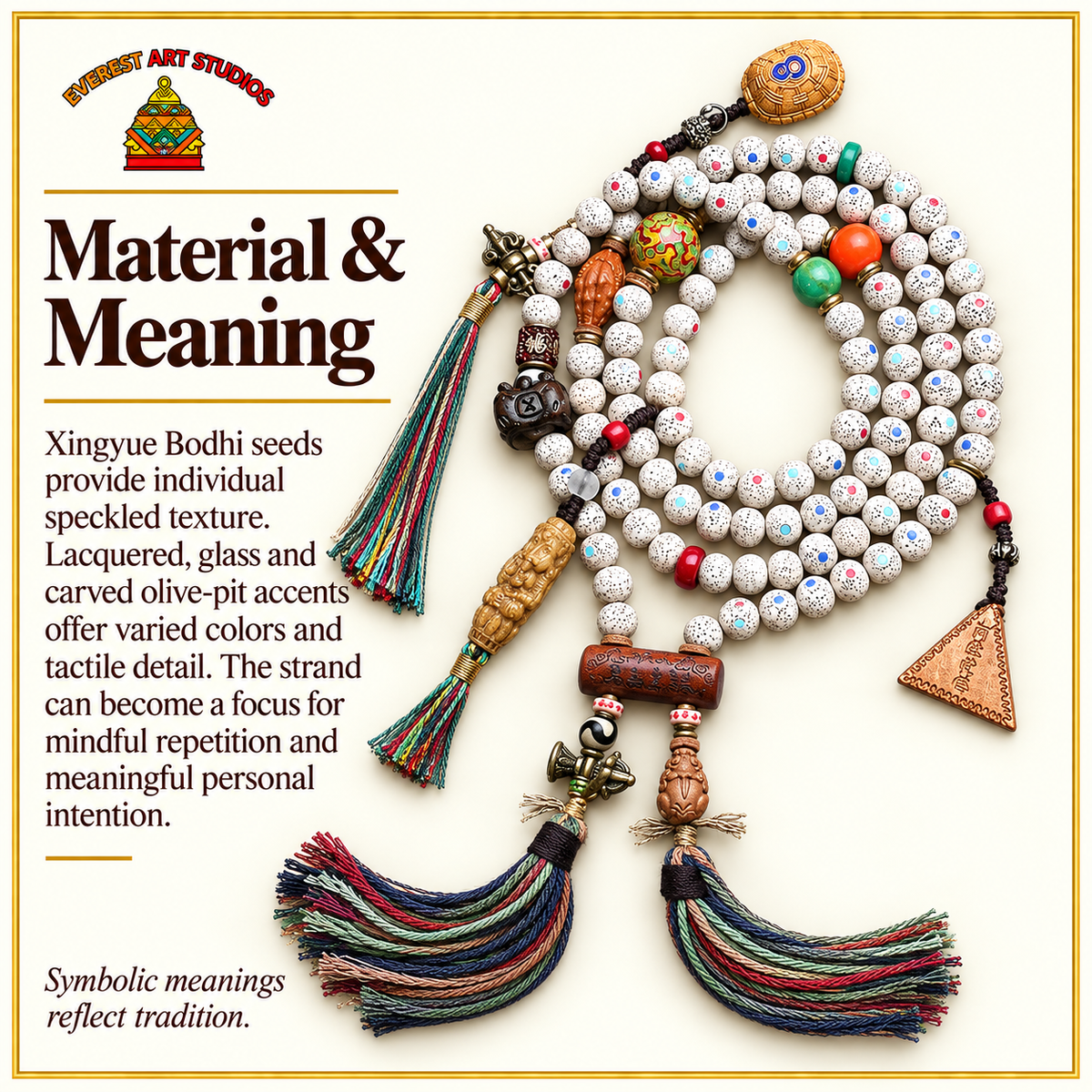 EverestArtstudios Xingyue-Bodhi-Einlagemala, Lack/Glas – Material und traditionelle Symbolik