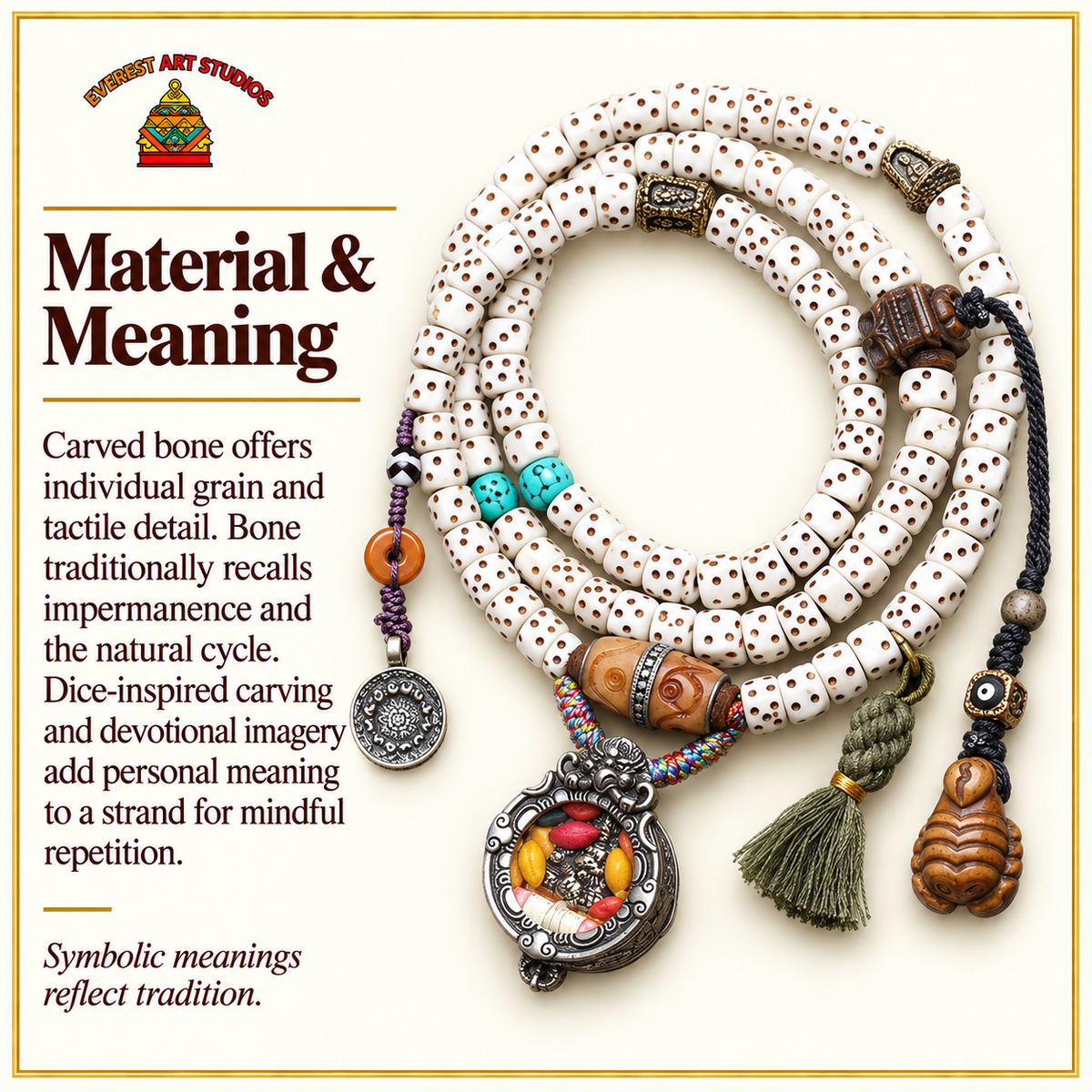 EverestArtstudios Knochen-Würfelmala, Ghau/Wohlstandsgott – Material und traditionelle Symbolik