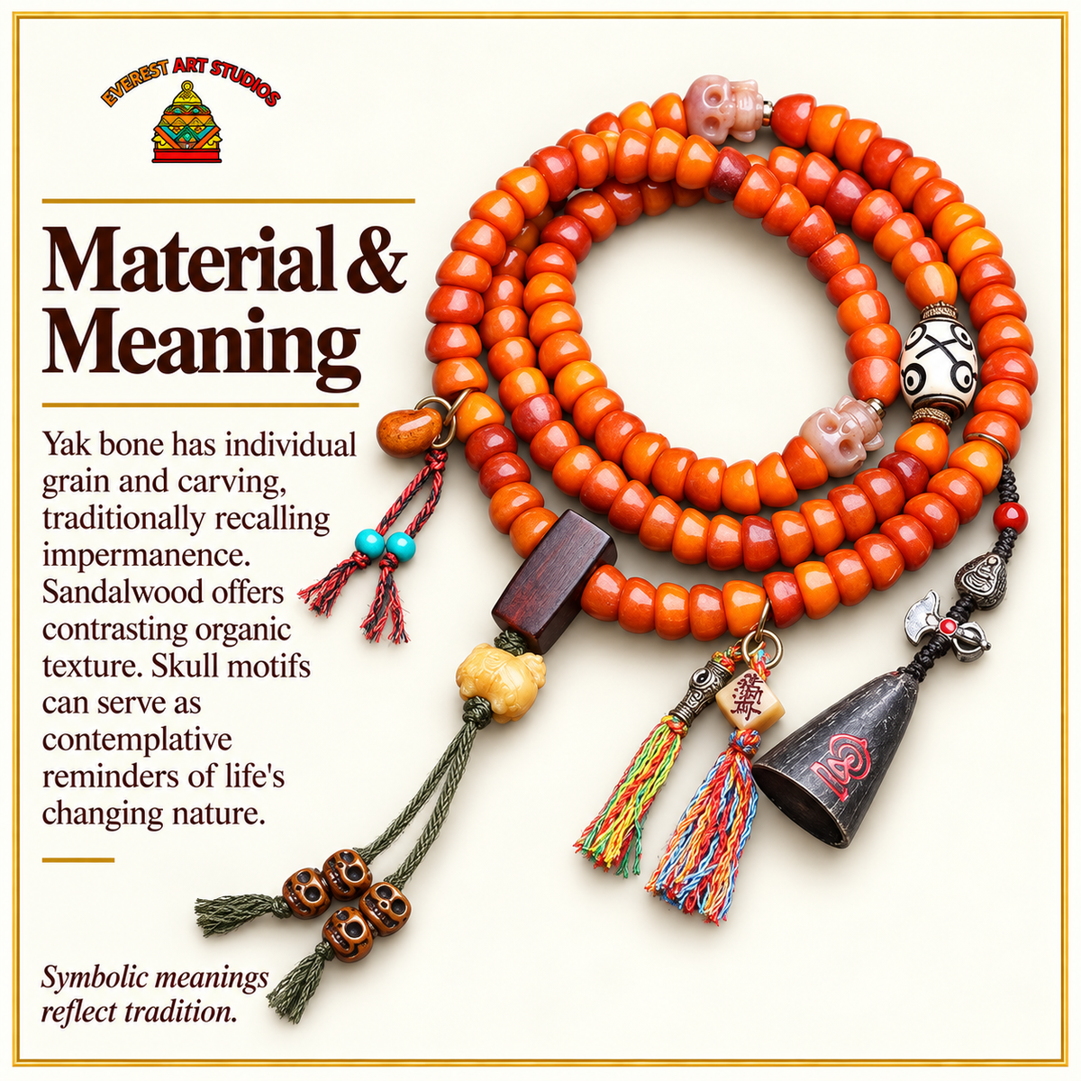 EverestArtstudios Yakknochen-Gebetsperlen, Schnitzerei/Sandelholz – Material und traditionelle Symbolik