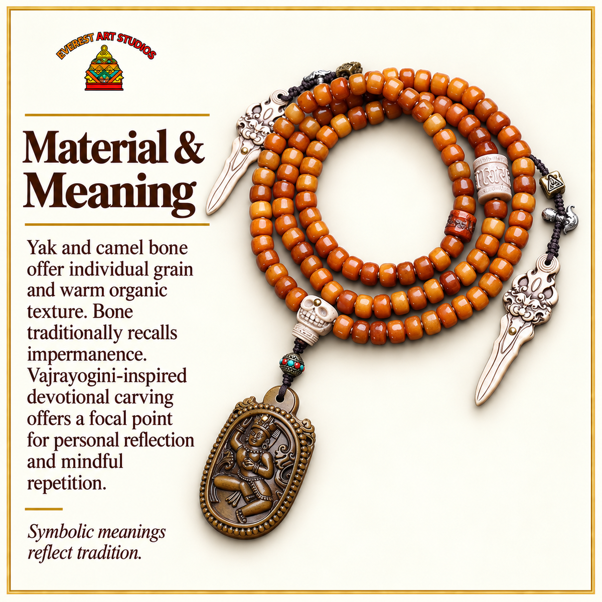 EverestArtstudios Yakknochen-Mala, 108 Perlen, Vajrayogini – Material und traditionelle Symbolik