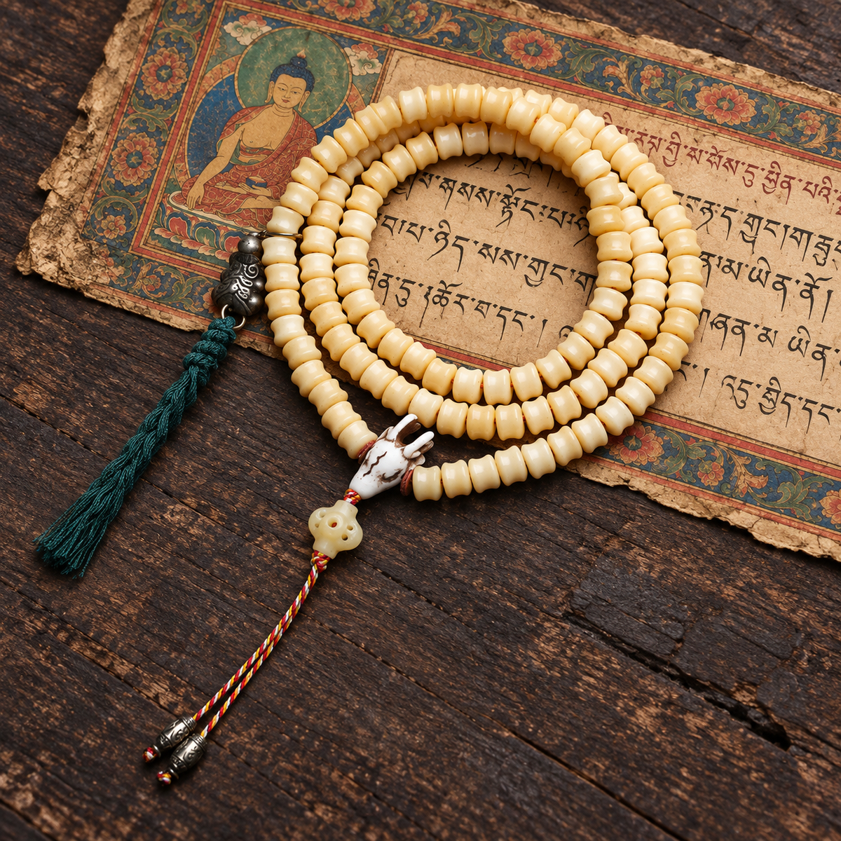 EverestArtstudios Carved Bone 108-Bead Mala with Decorative Metal Charms — full product