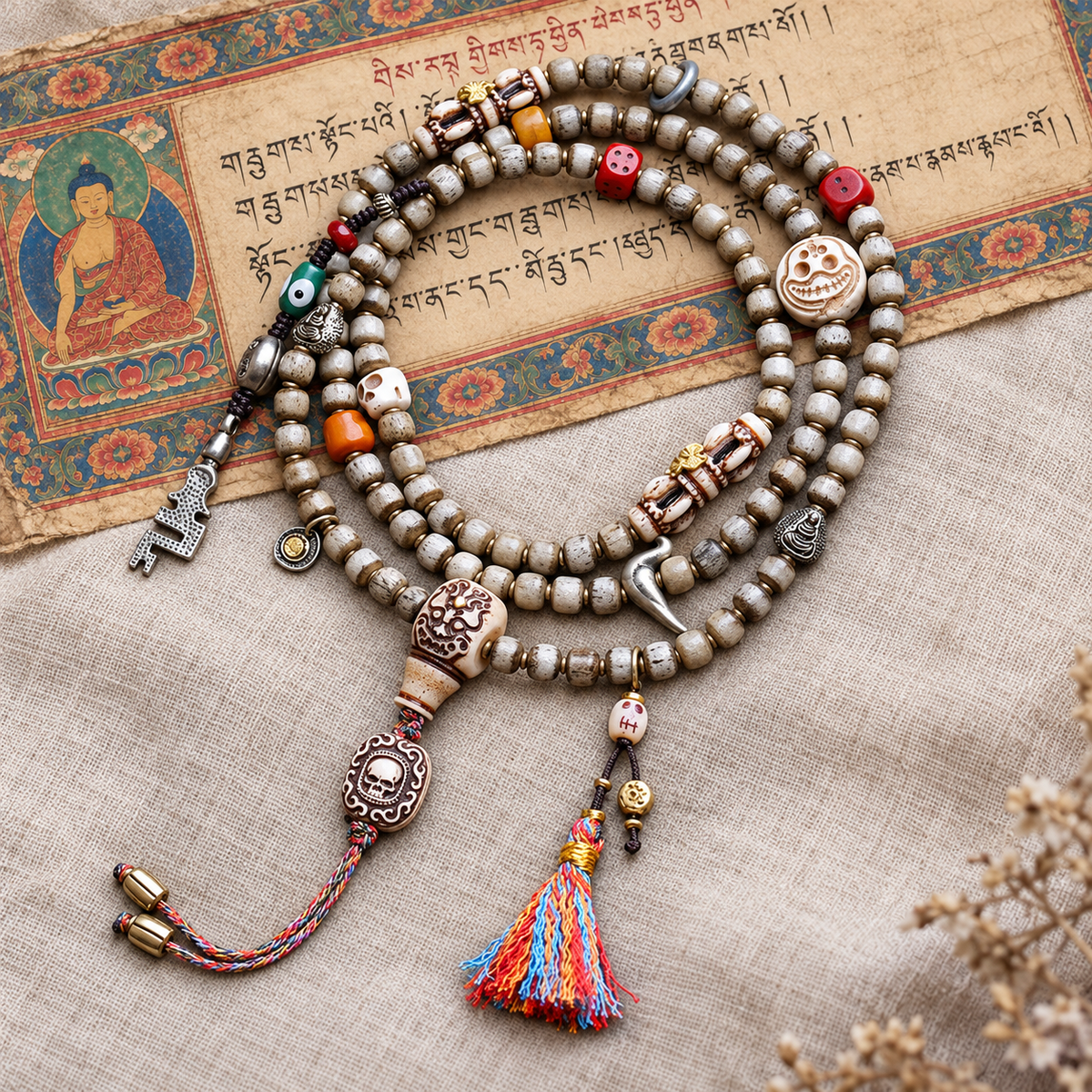 EverestArtstudios Bone 108-Bead Mala with Yak Bone and Pixiu Motif Accents — full product