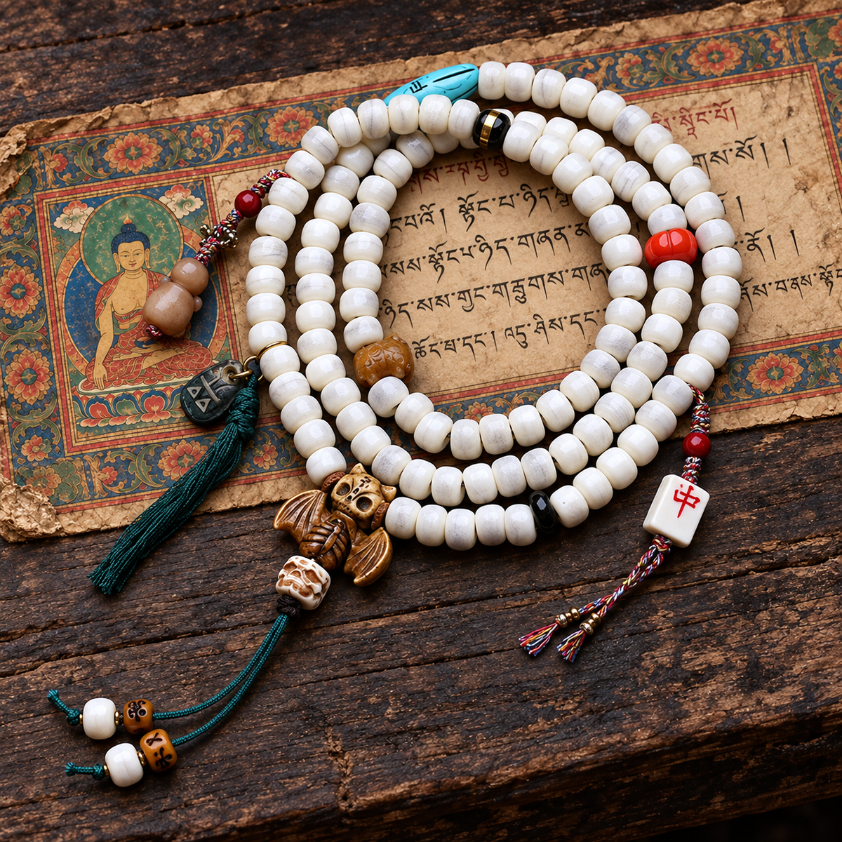 EverestArtstudios Carved Bone 108-Bead Mala with Yak Bone and Tassel Accents — full product