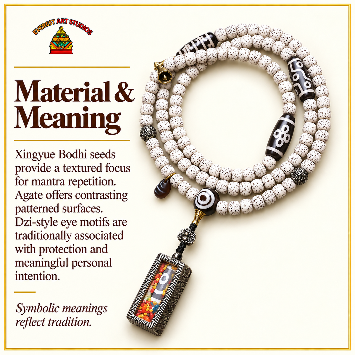 EverestArtstudios Xingyue-Bodhi-Mala, Zwei-Augen-Dzi/Ghau – Material und traditionelle Symbolik