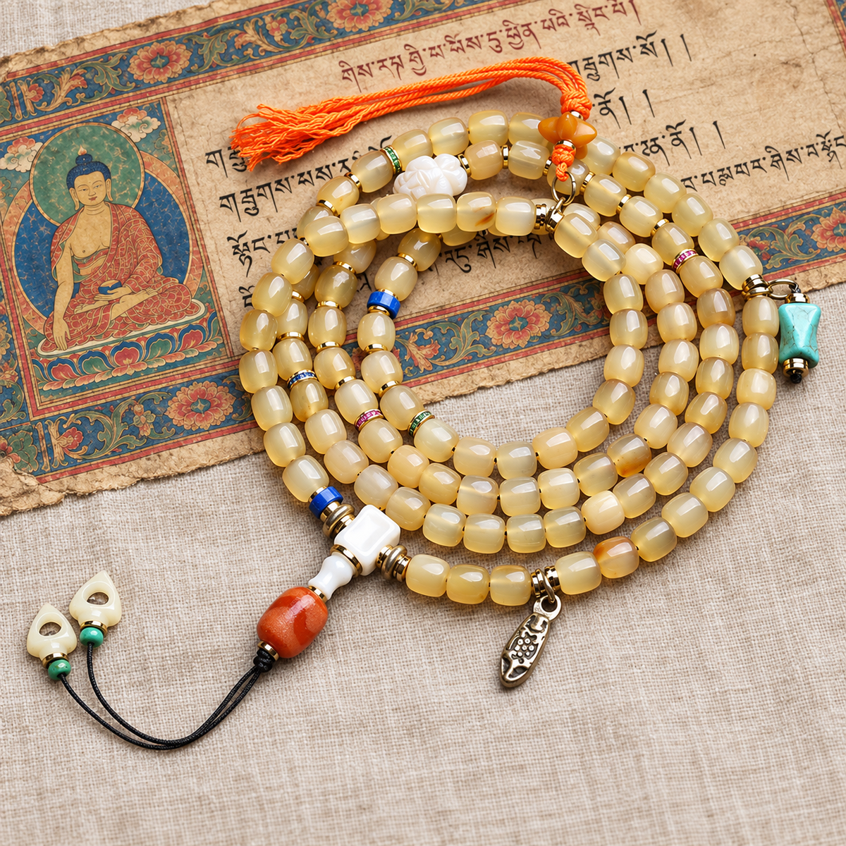 EverestArtstudios Knochen-Mala, Glas/Achat/Quasten, 108 Perlen