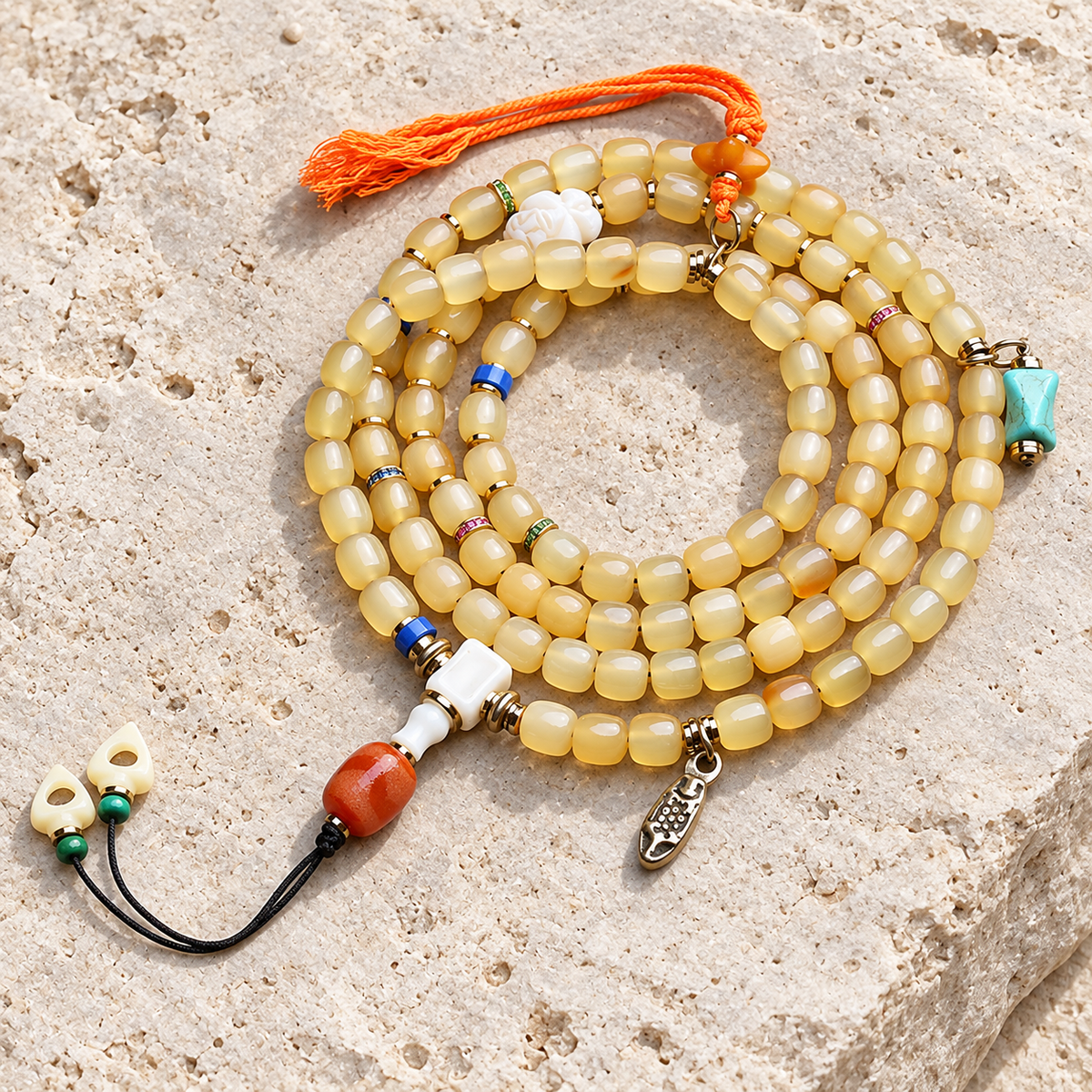 EverestArtstudios Knochen-Mala, Glas/Achat/Quasten, 108 Perlen