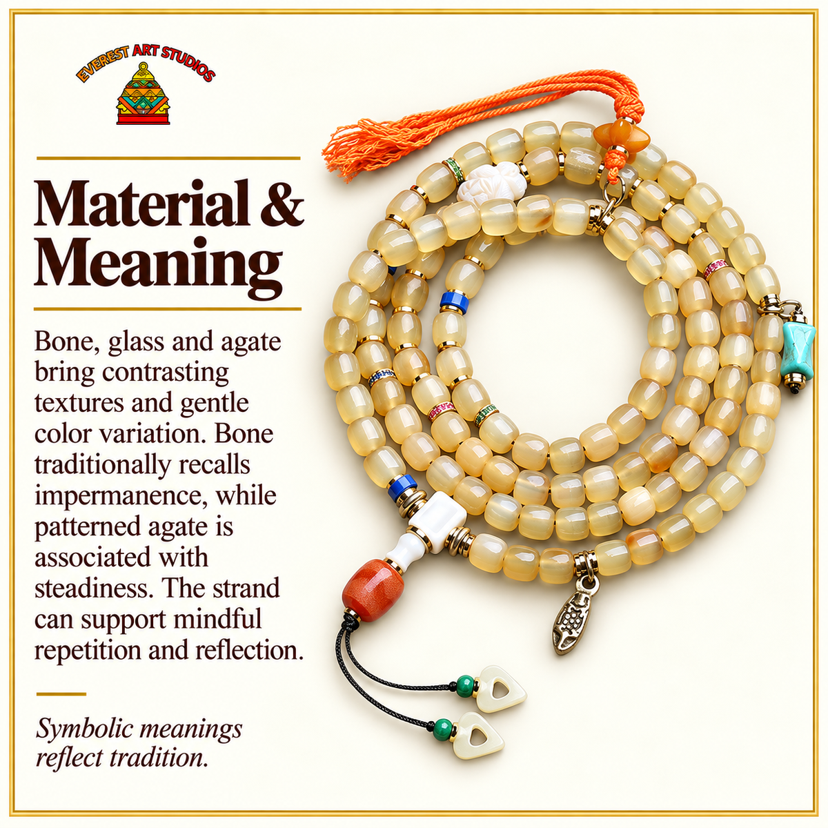 EverestArtstudios Knochen-Mala, Glas/Achat/Quasten, 108 Perlen – Material und traditionelle Symbolik