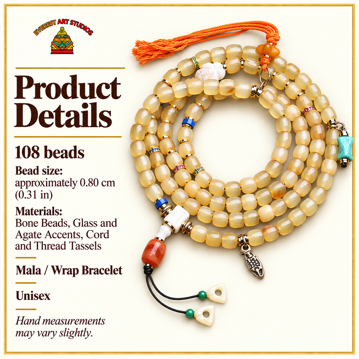 EverestArtstudios Knochen-Mala, Glas/Achat/Quasten, 108 Perlen