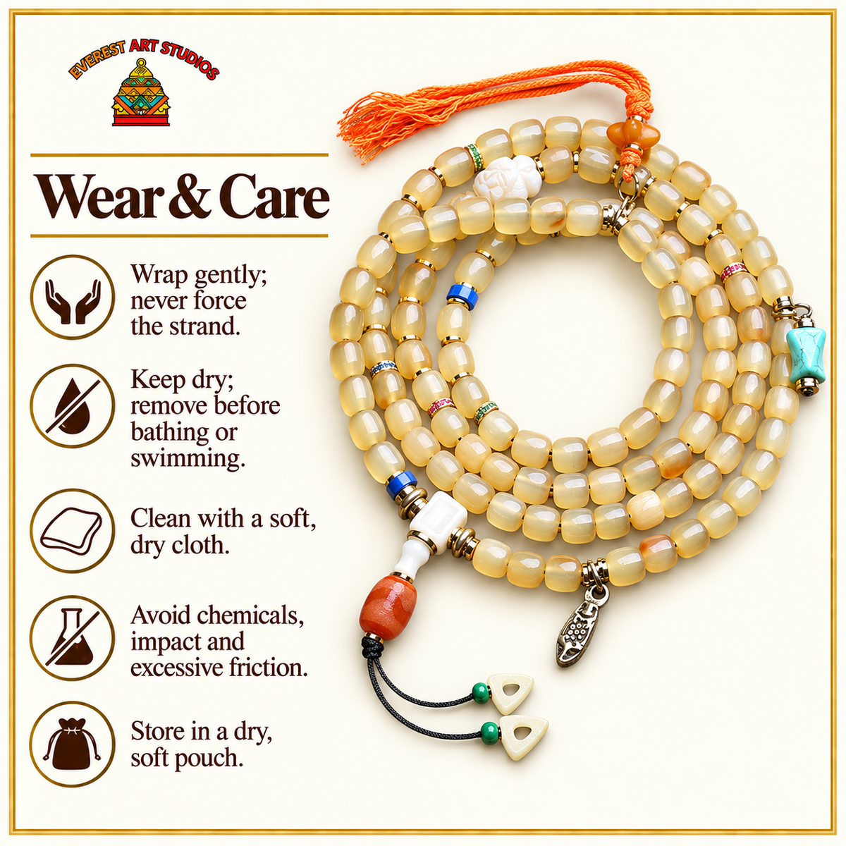 EverestArtstudios Knochen-Mala, Glas/Achat/Quasten, 108 Perlen – Pflegehinweise