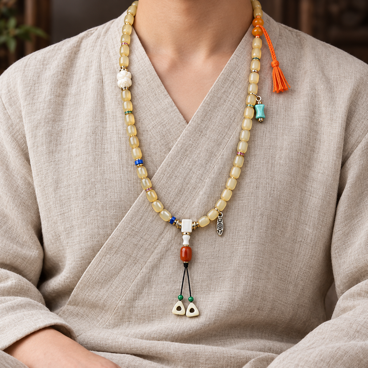 EverestArtstudios Knochen-Mala, Glas/Achat/Quasten, 108 Perlen