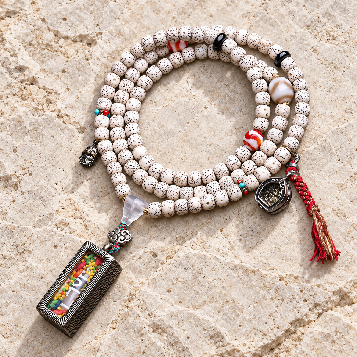 EverestArtstudios Xingyue Bodhi 108-Bead Mala with Dzi-Style Agate and Ghau Pendant — overall display