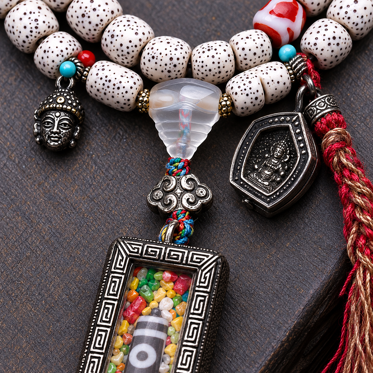 EverestArtstudios Xingyue Bodhi 108-Bead Mala with Dzi-Style Agate and Ghau Pendant — connection detail