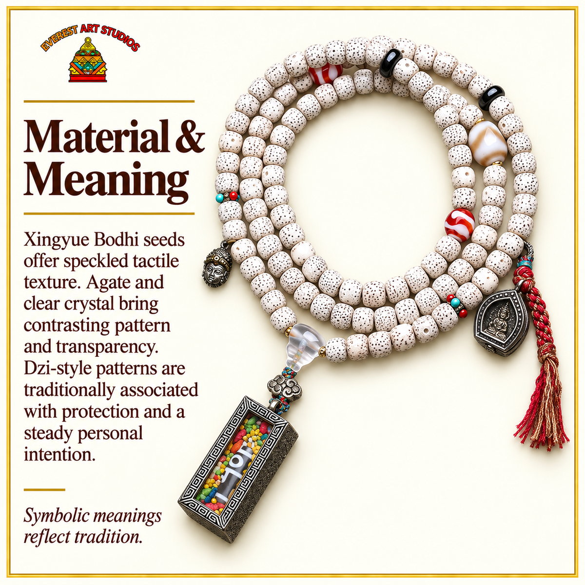 EverestArtstudios Xingyue Bodhi 108-Bead Mala with Dzi-Style Agate and Ghau Pendant — materials meaning
