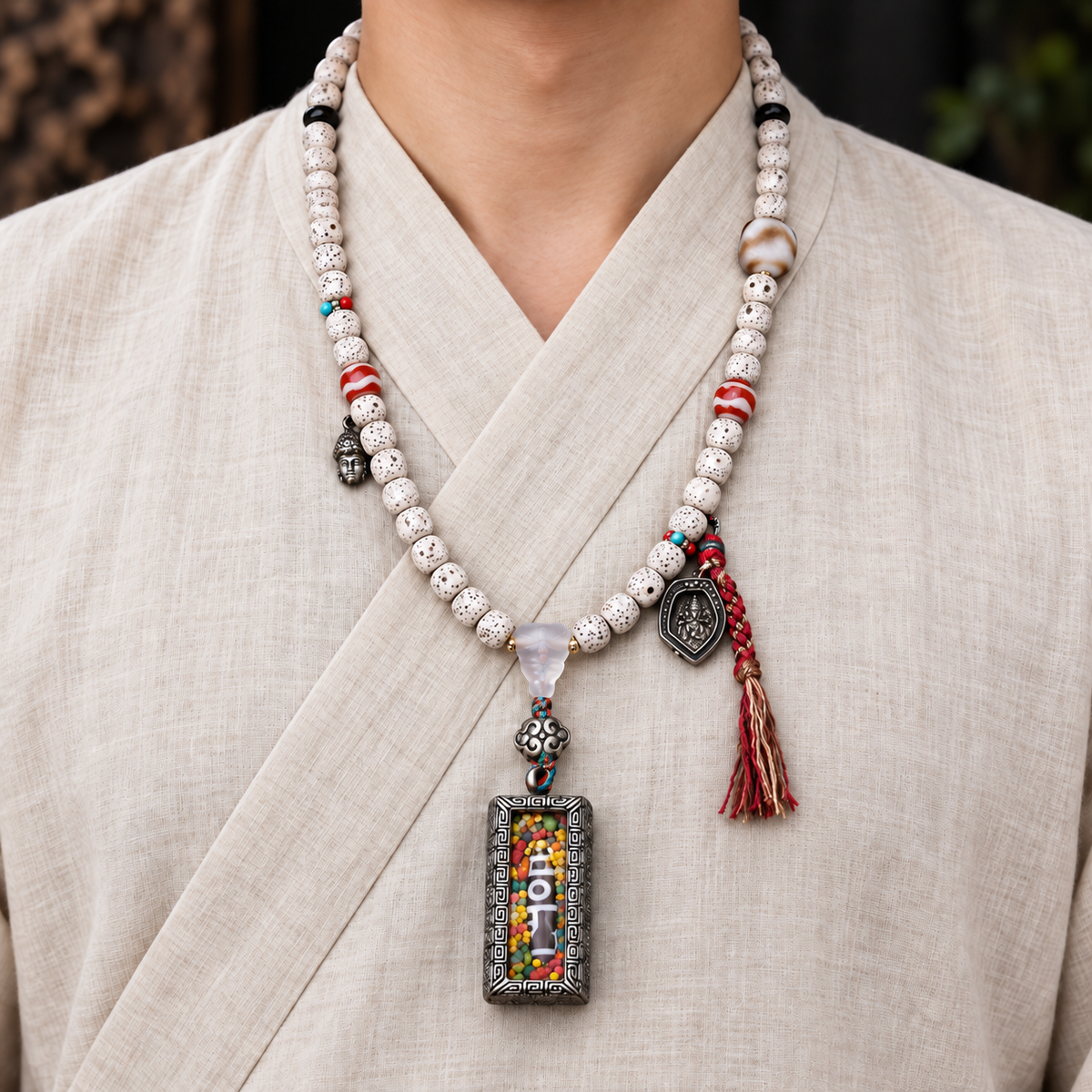 EverestArtstudios Xingyue Bodhi 108-Bead Mala with Dzi-Style Agate and Ghau Pendant — linen front