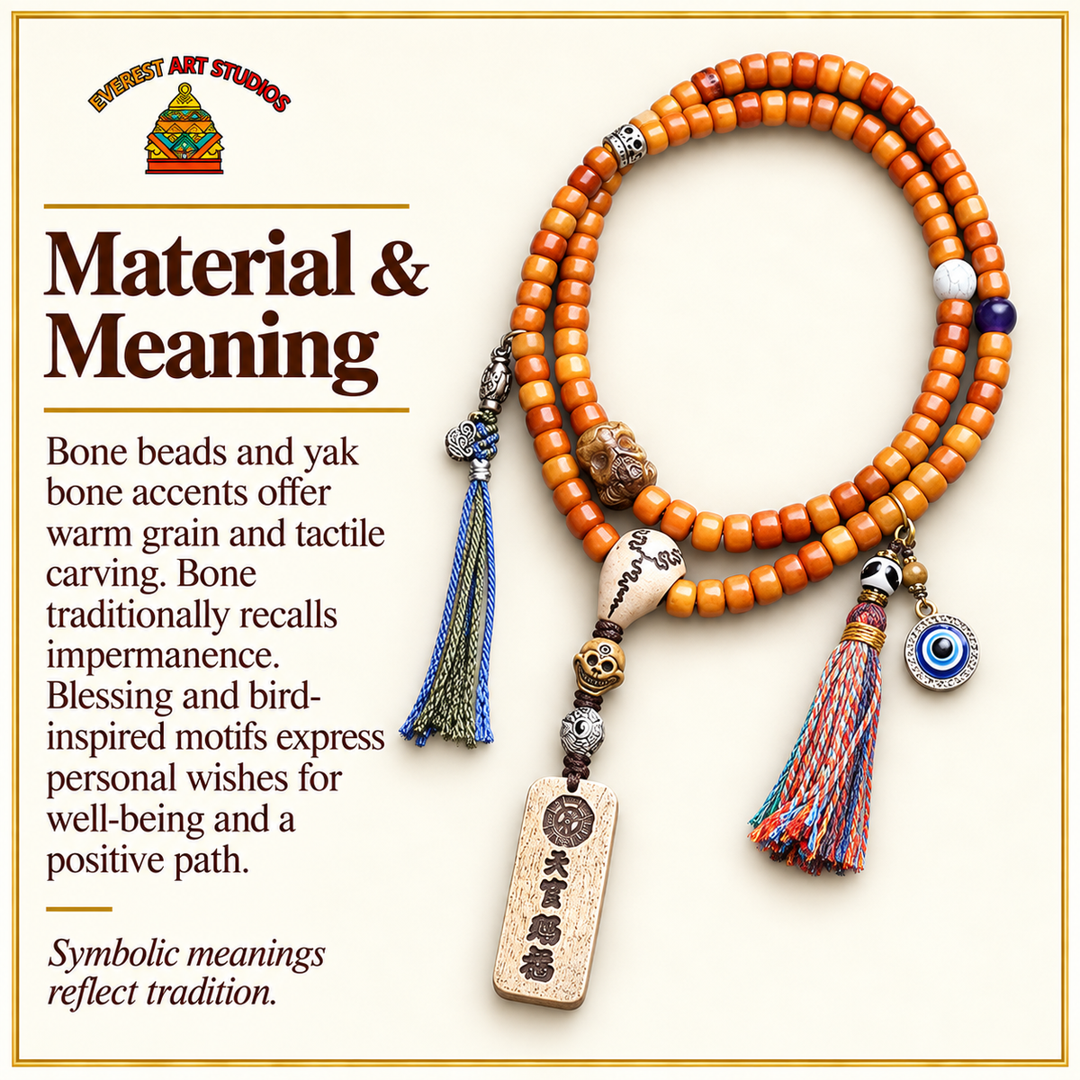 EverestArtstudios Knochen-Mala, Segensmotiv/Vogelanhänger – Material und traditionelle Symbolik