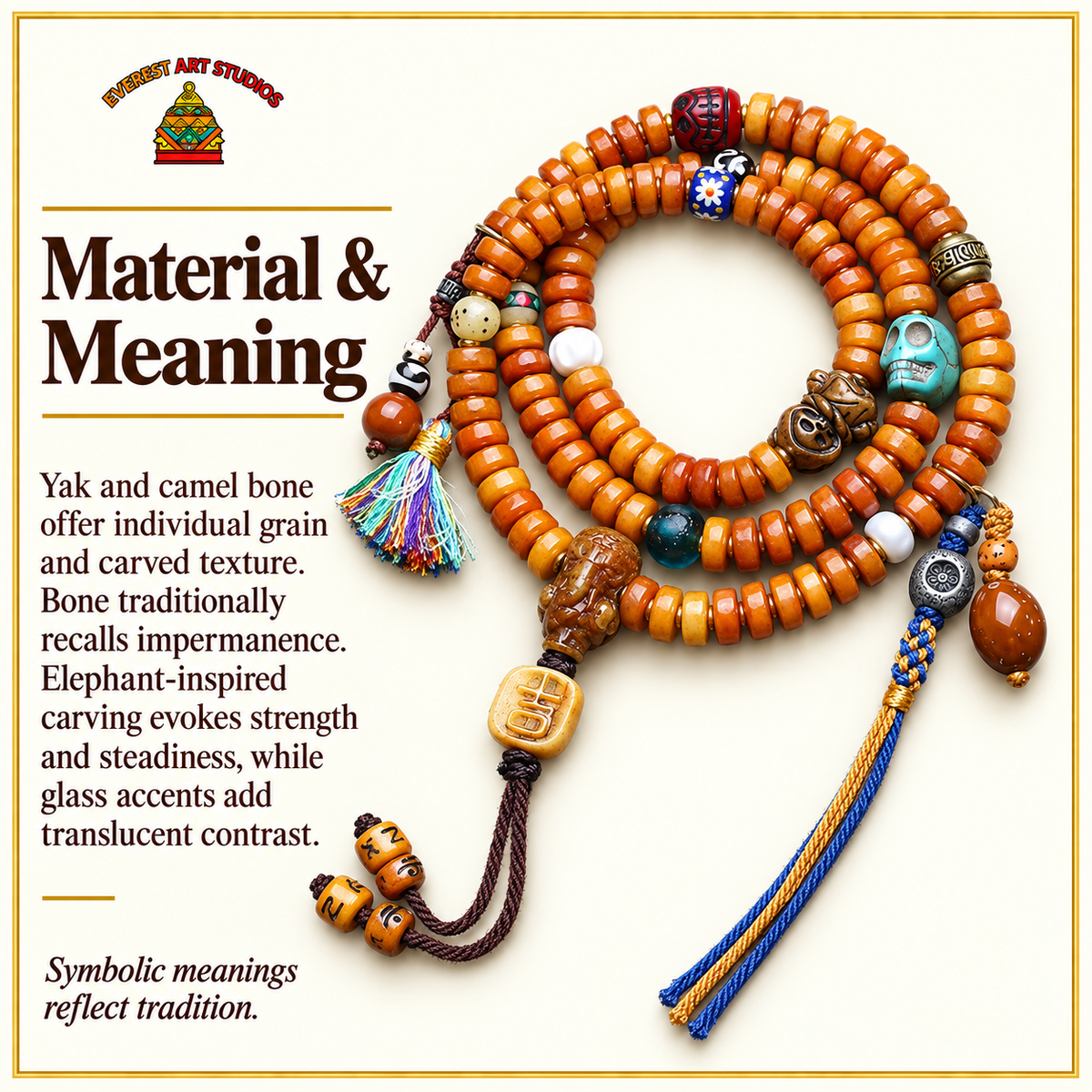 EverestArtstudios Yakknochen-Mala, 108 Perlen, Elefantenmotiv – Material und traditionelle Symbolik
