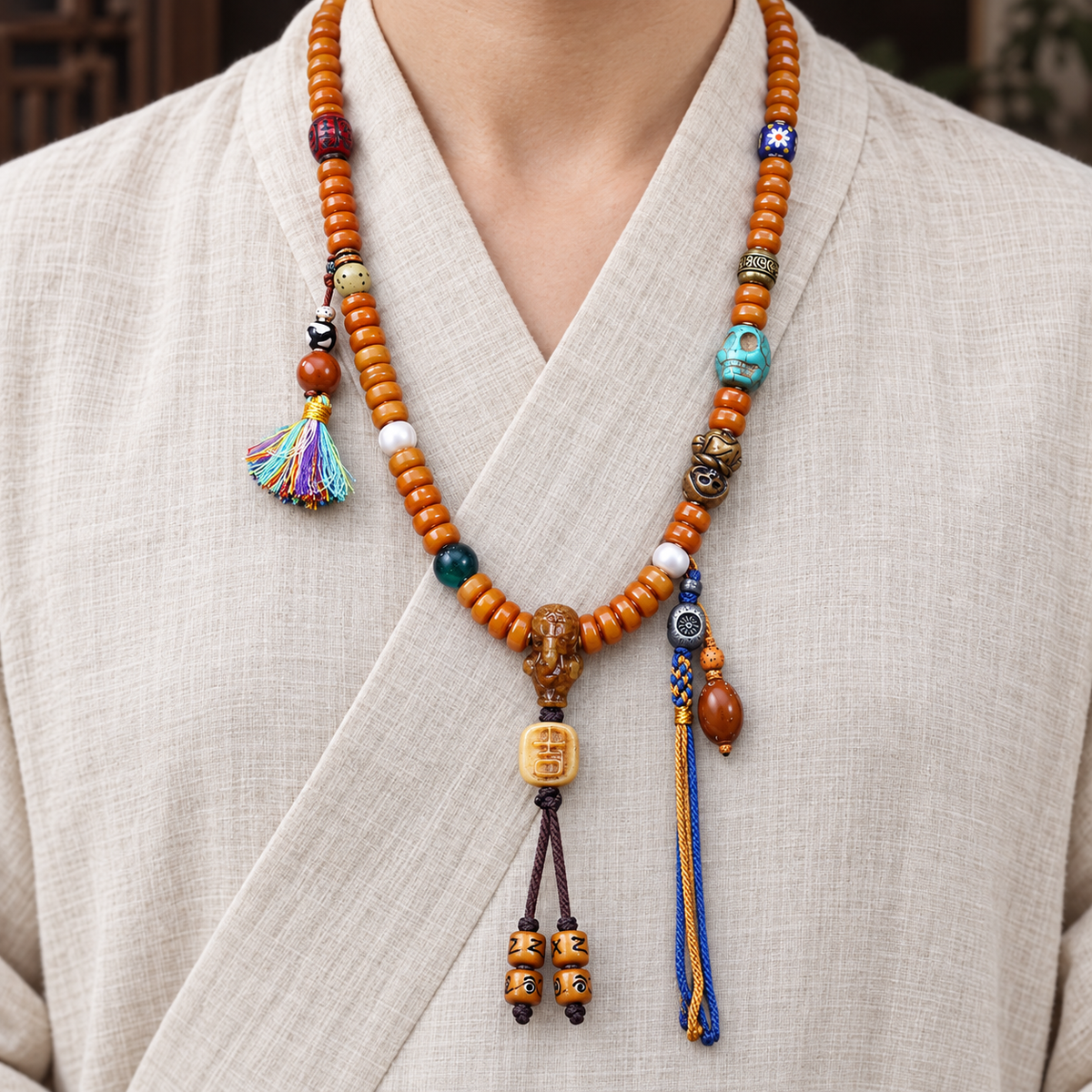 EverestArtstudios Yakknochen-Mala, 108 Perlen, Elefantenmotiv
