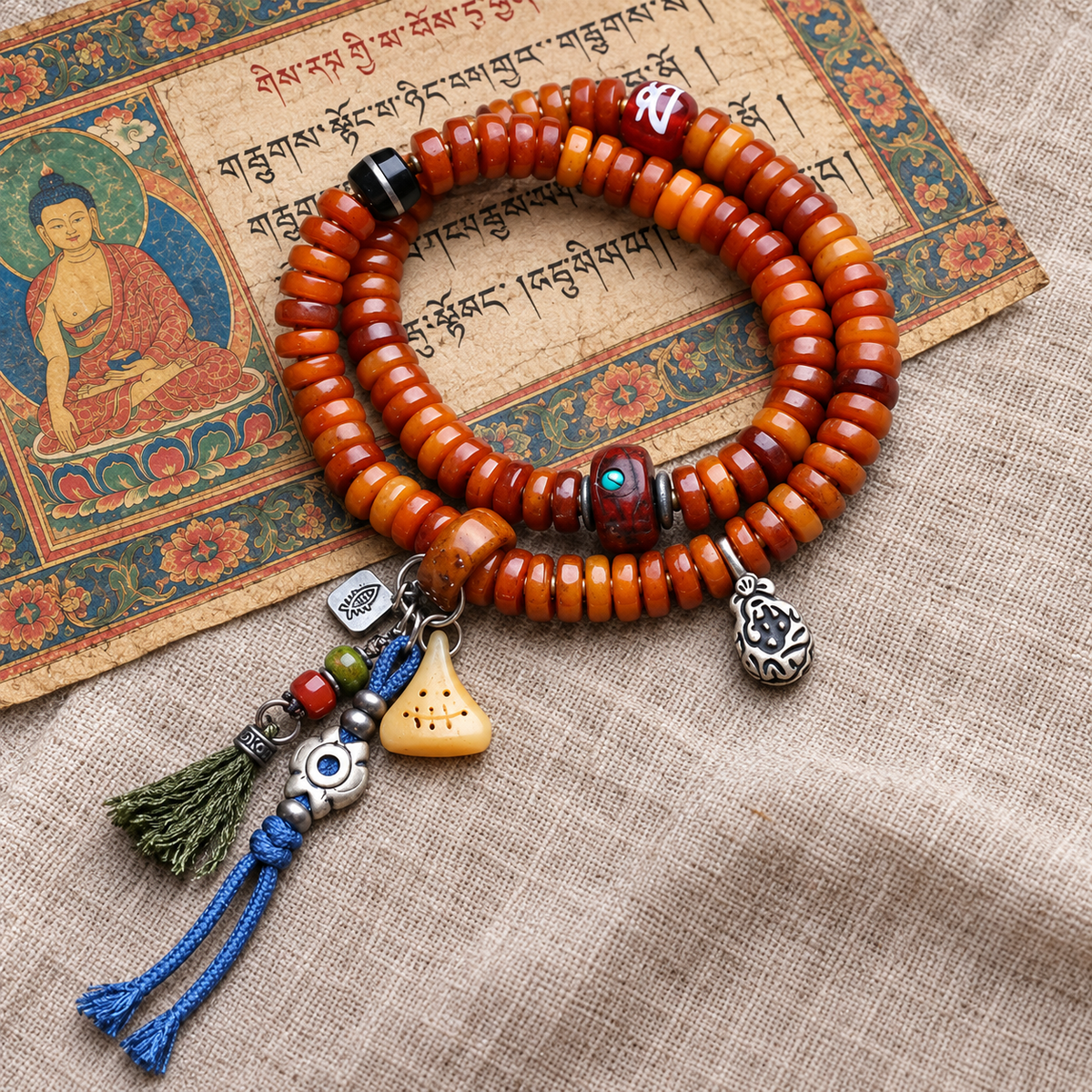 Yak bone mala with Phoenix Eye Bodhi accents — full product