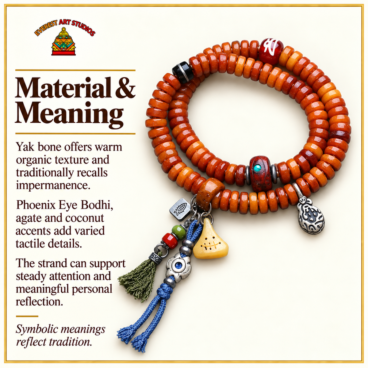 Mala de hueso de yak con Bodhi ojo de fénix, ágata y coco – Material y simbolismo tradicional