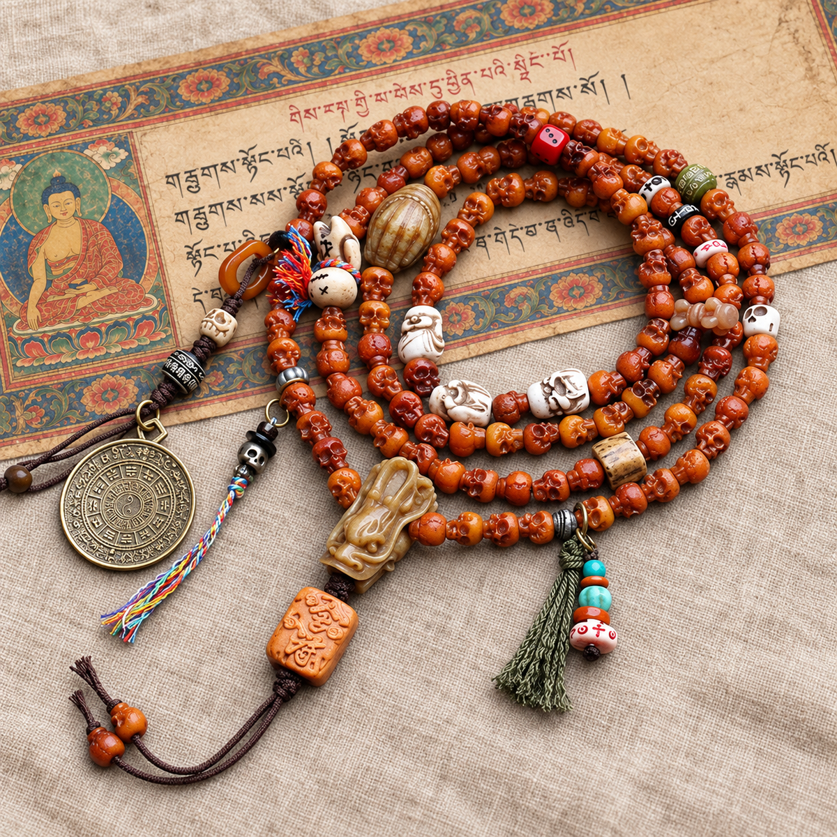 EverestArtstudios Carved Yak Bone 108-Bead Mala with Bagua and Mani Motif Charms — full product