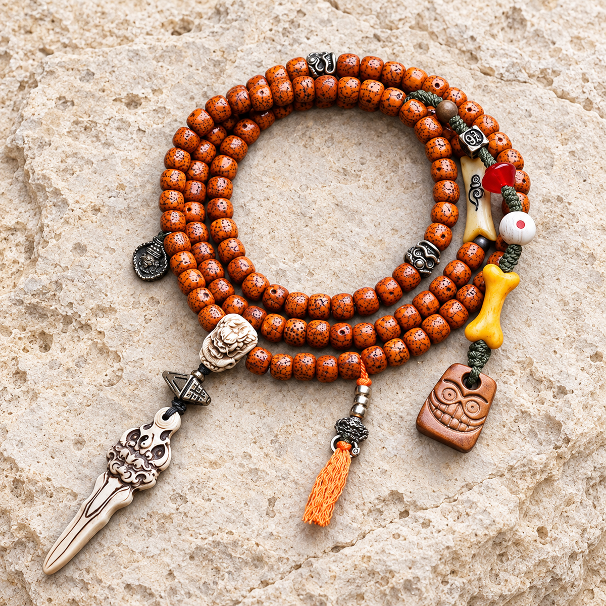 EverestArtstudios Xingyue-Bodhi-Mala, Yakknochen/Drachenmotiv