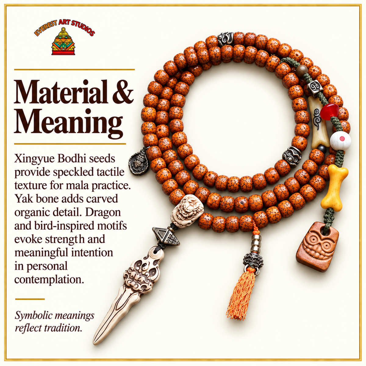 EverestArtstudios Xingyue-Bodhi-Mala, Yakknochen/Drachenmotiv – Material und traditionelle Symbolik