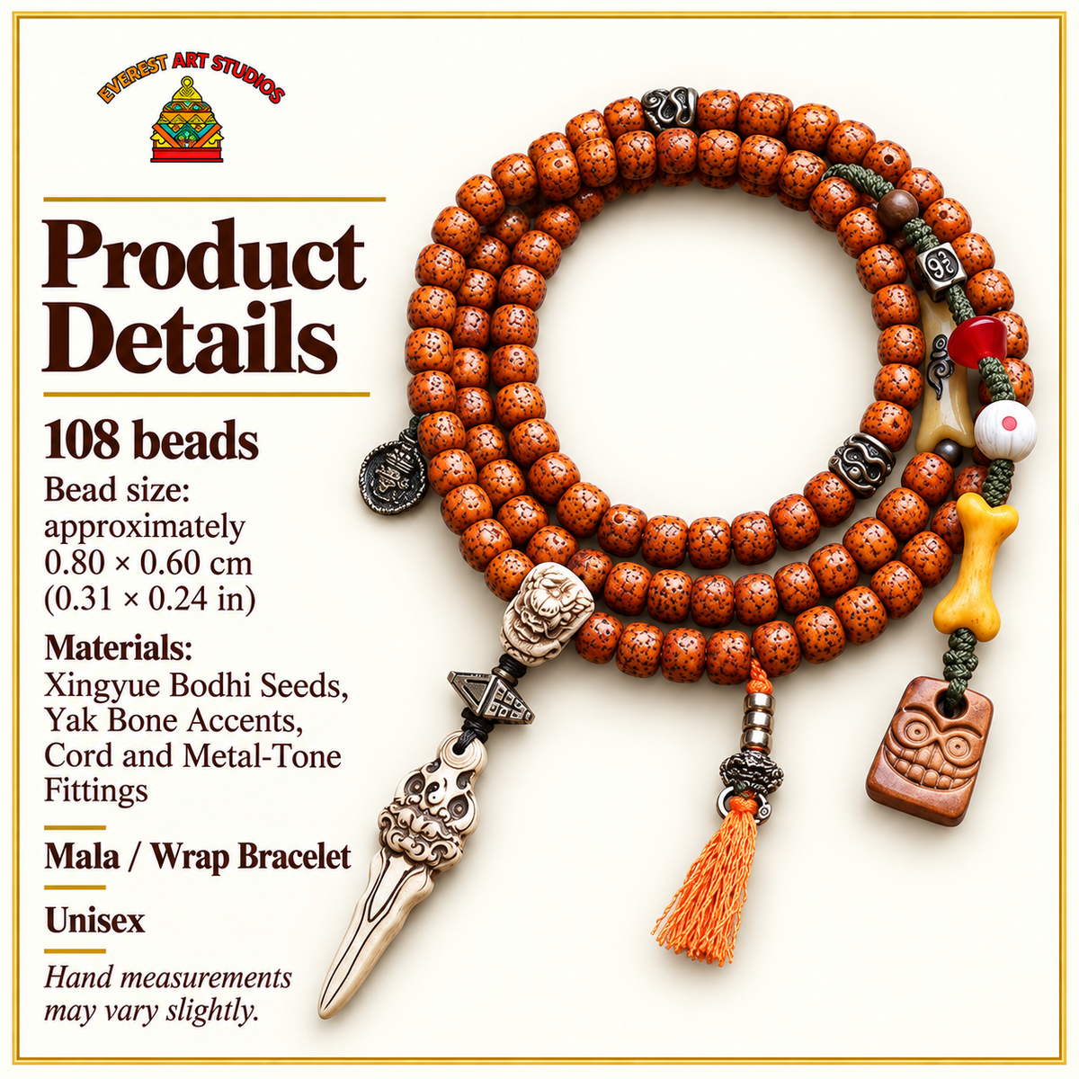EverestArtstudios Xingyue-Bodhi-Mala, Yakknochen/Drachenmotiv