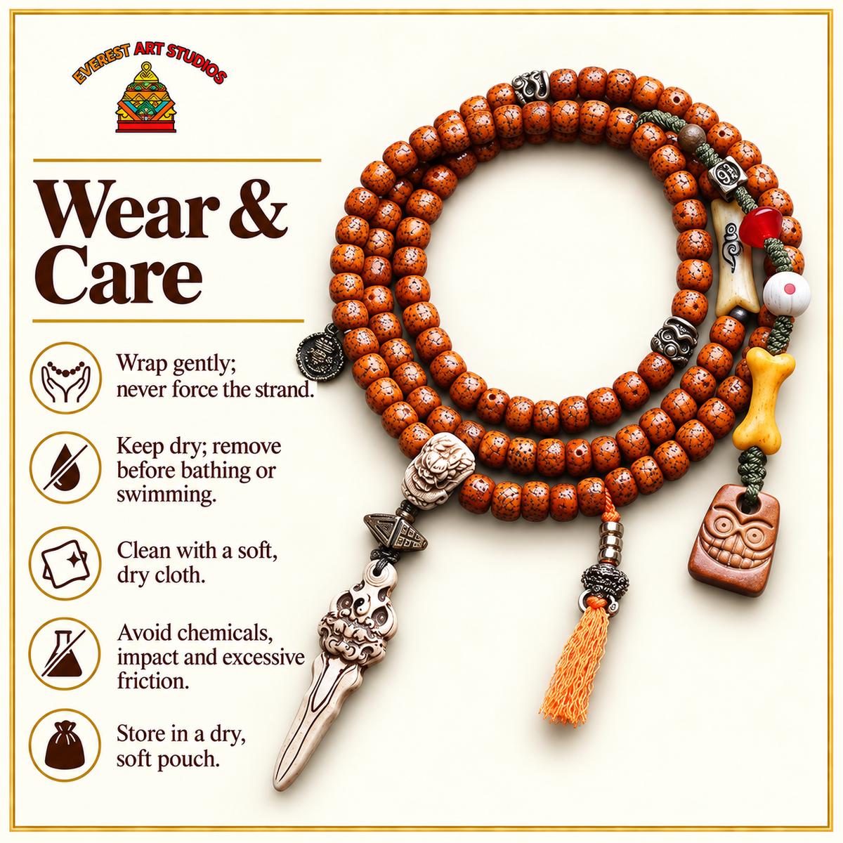 EverestArtstudios Xingyue-Bodhi-Mala, Yakknochen/Drachenmotiv – Pflegehinweise
