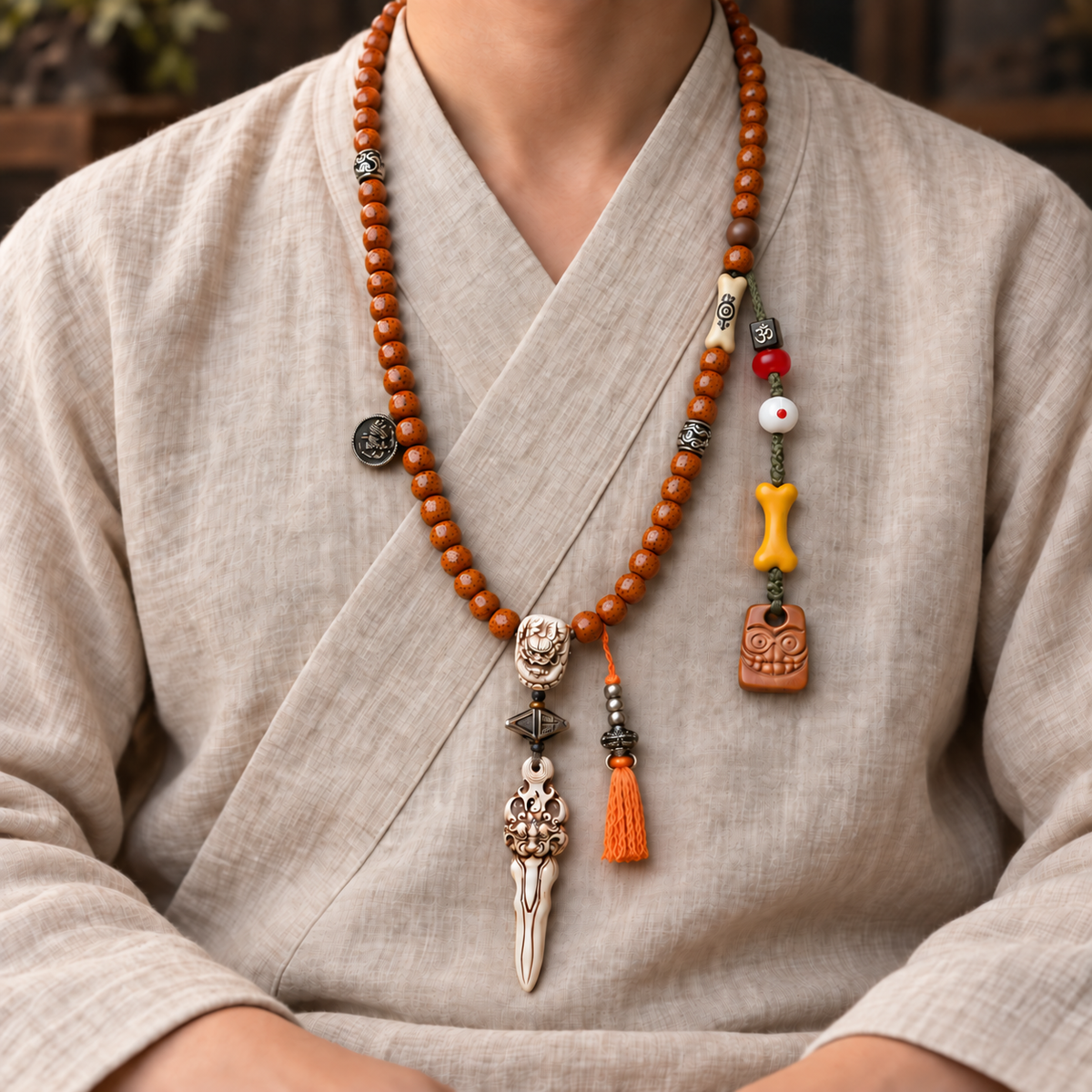 EverestArtstudios Xingyue-Bodhi-Mala, Yakknochen/Drachenmotiv