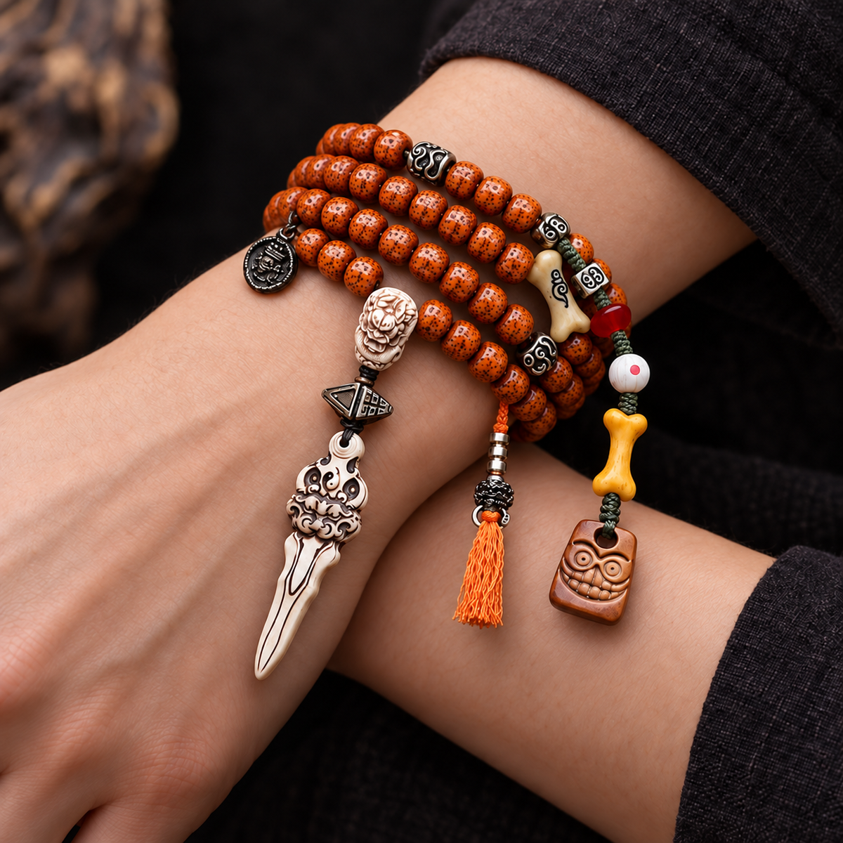 EverestArtstudios Xingyue-Bodhi-Mala, Yakknochen/Drachenmotiv