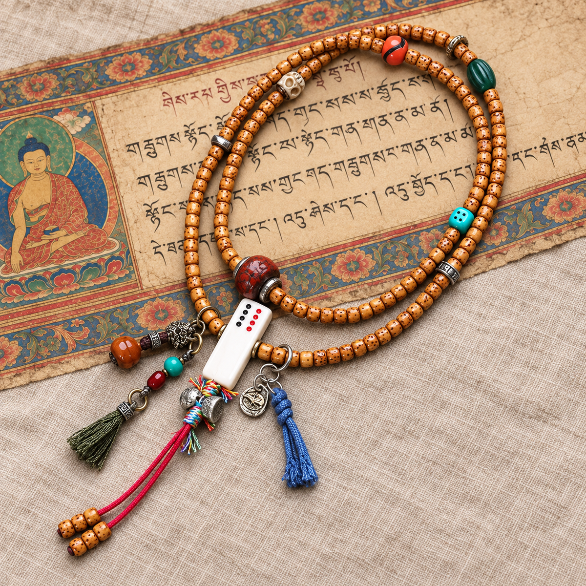EverestArtstudios Xingyue Bodhi 108-Bead Mala with Phoenix Eye Bodhi and Agate Accents — full product