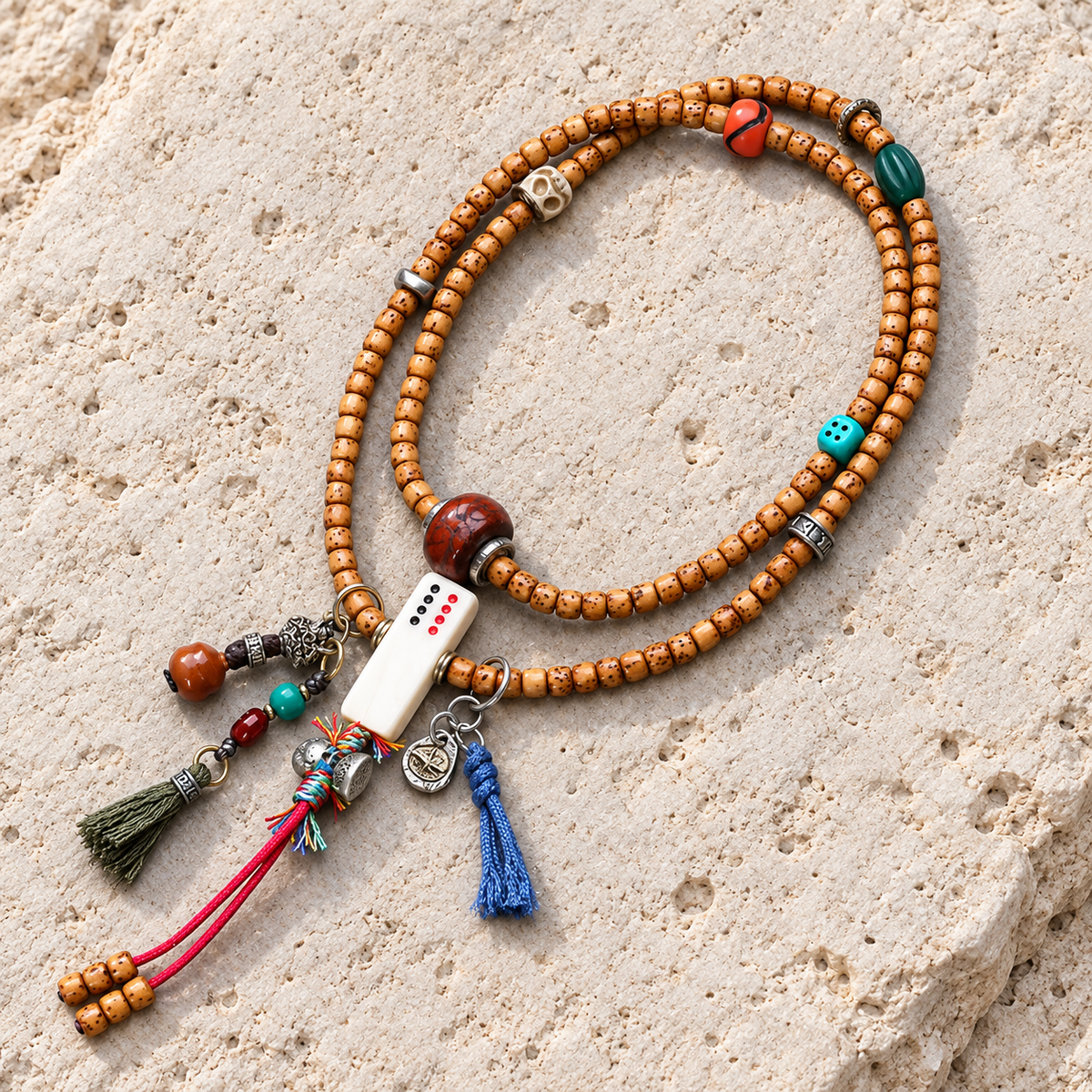 EverestArtstudios Xingyue Bodhi 108-Bead Mala with Phoenix Eye Bodhi and Agate Accents — overall display