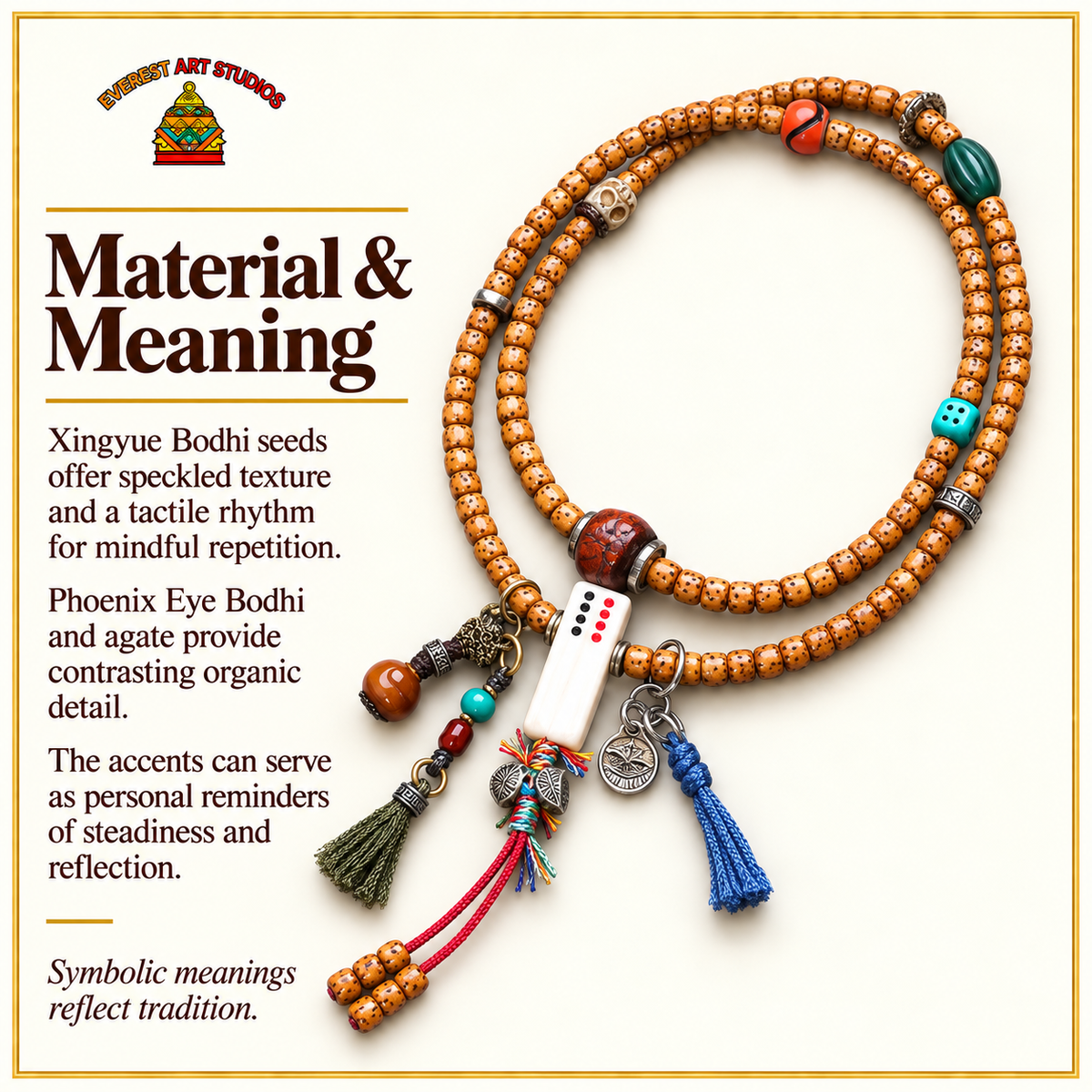 EverestArtstudios Xingyue-Bodhi-Mala, Phönixaugen/Achat – Material und traditionelle Symbolik