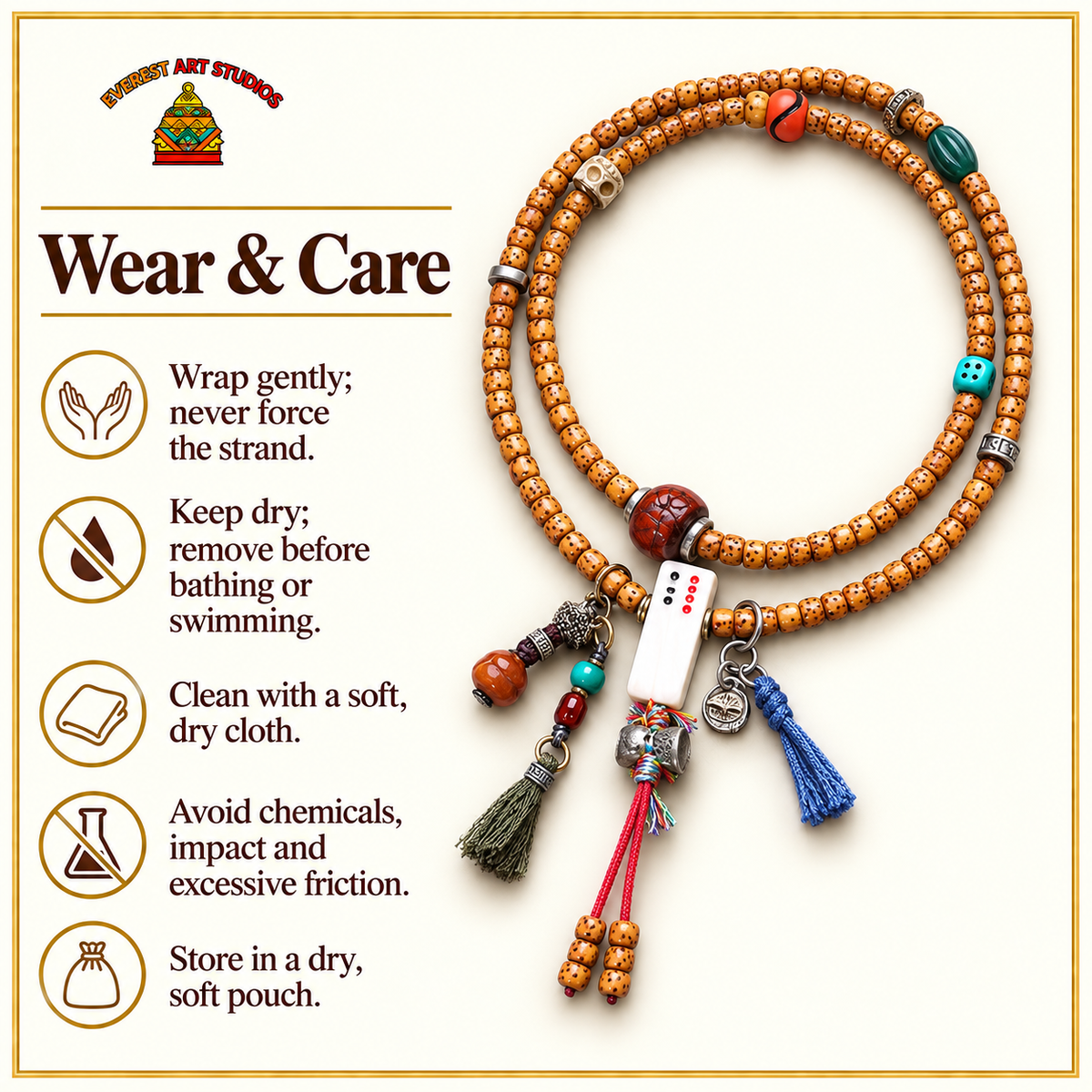 EverestArtstudios Xingyue-Bodhi-Mala, Phönixaugen/Achat – Pflegehinweise