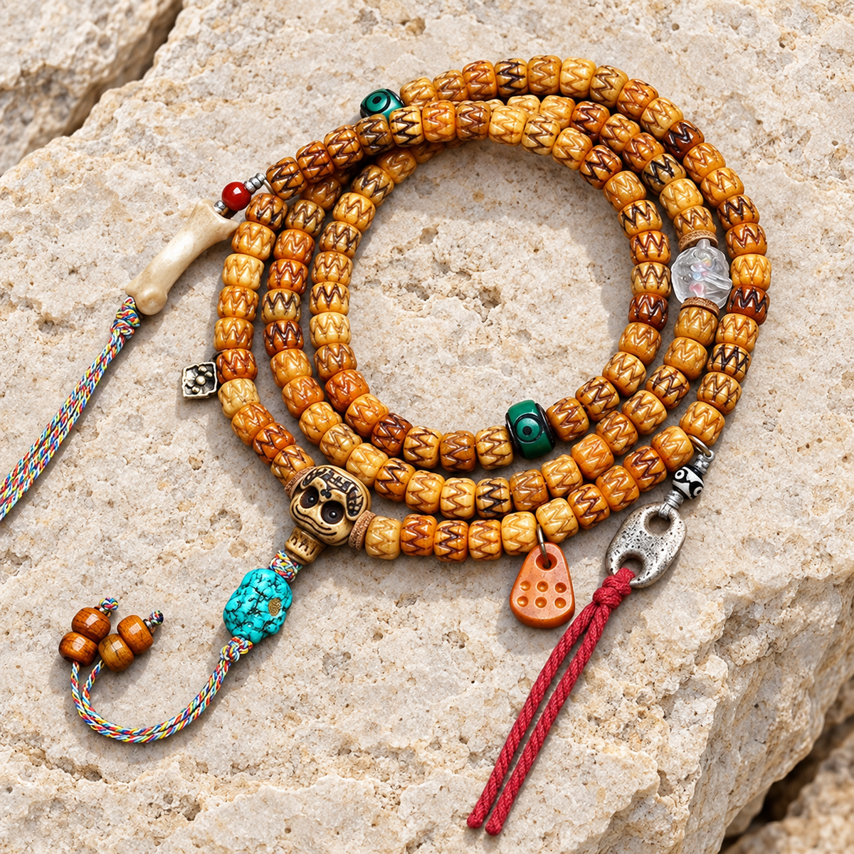 EverestArtstudios Carved Bone 108-Bead Mala with Turquoise and Glass Accents — overall display