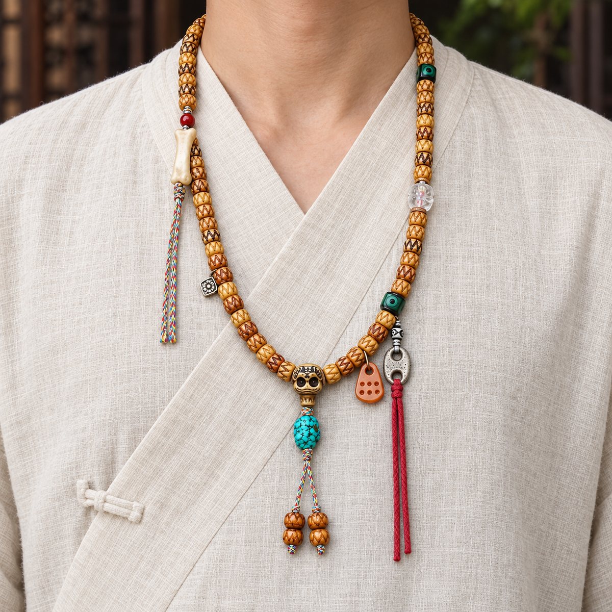Mala de 108 cuentas de hueso tallado con turquesa y vidrio