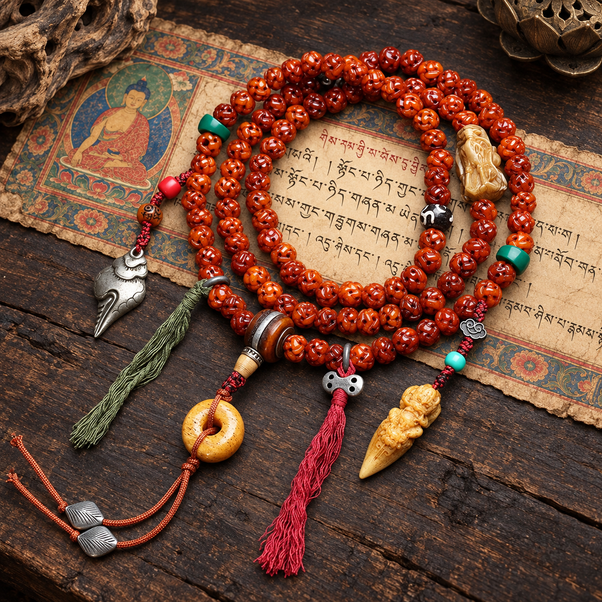 EverestArtstudios Carved Bone 108-Bead Mala with Safety Ring and Bird Motif Charms — full product