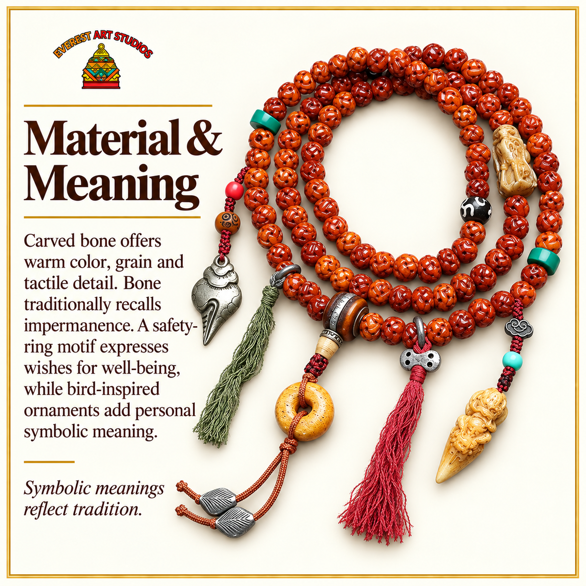 EverestArtstudios Knochen-Schnitzmala, Schutzring/Vogelmotiv – Material und traditionelle Symbolik