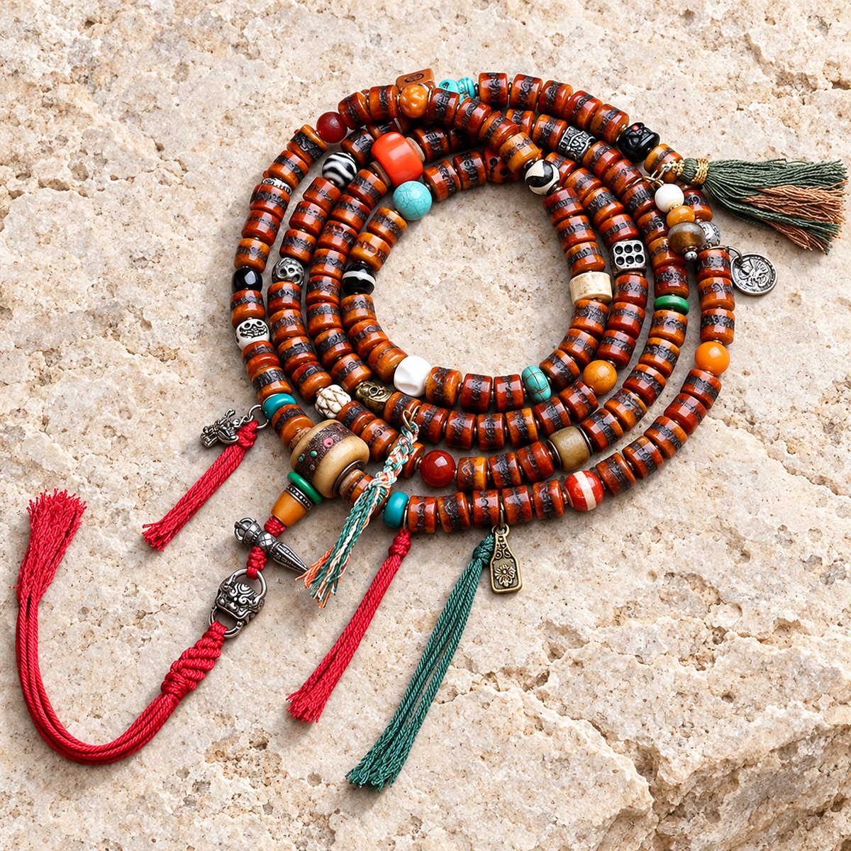 EverestArtstudios Yak Bone 108-Bead Mala with Agate and Turquoise Accents — overall display