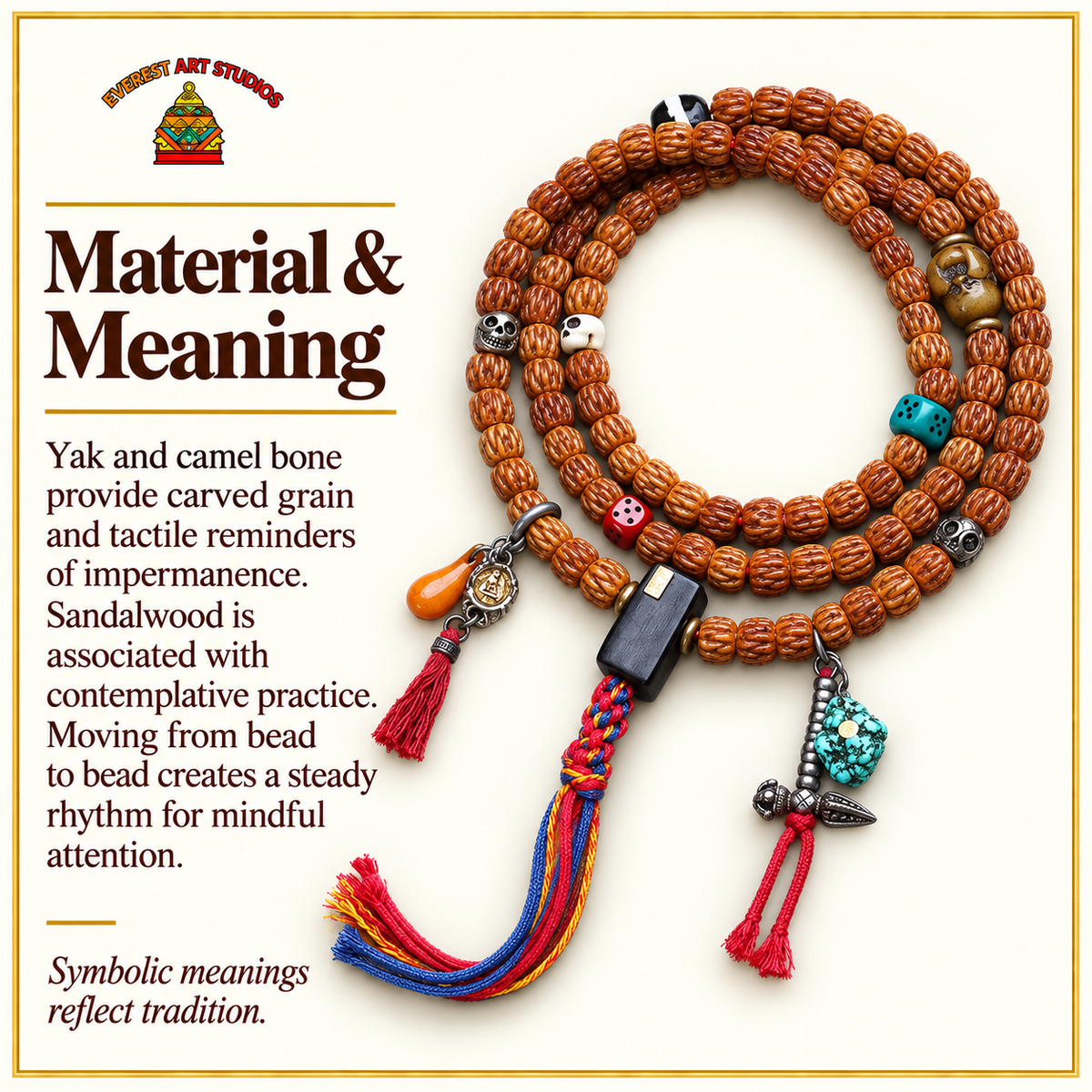 EverestArtstudios Yakknochen-Schnitzmala, Sandelholz/Kamelknochen – Material und traditionelle Symbolik