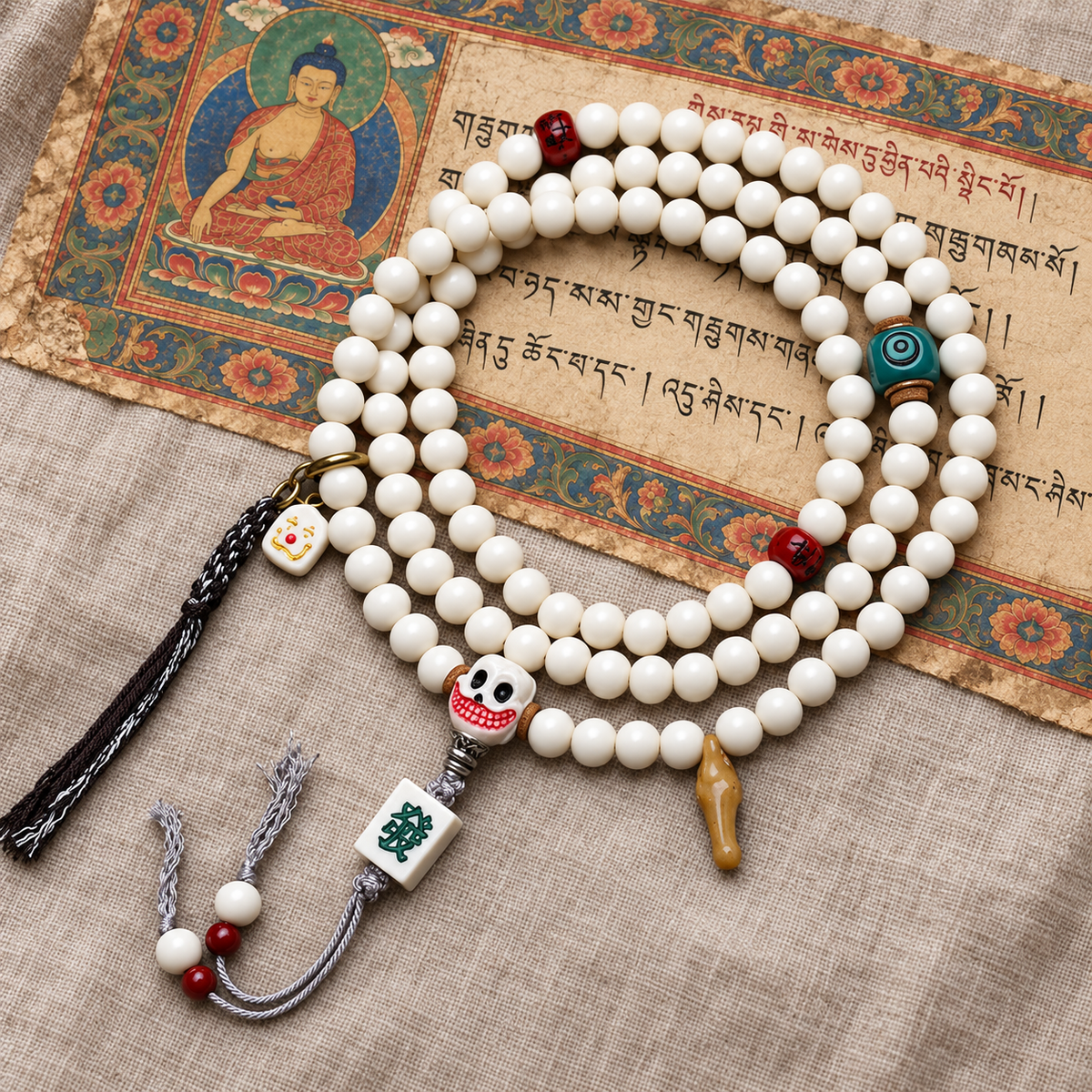 EverestArtstudios Antler 108-Bead Mala with Carved Accents and Fortune Charms — full product